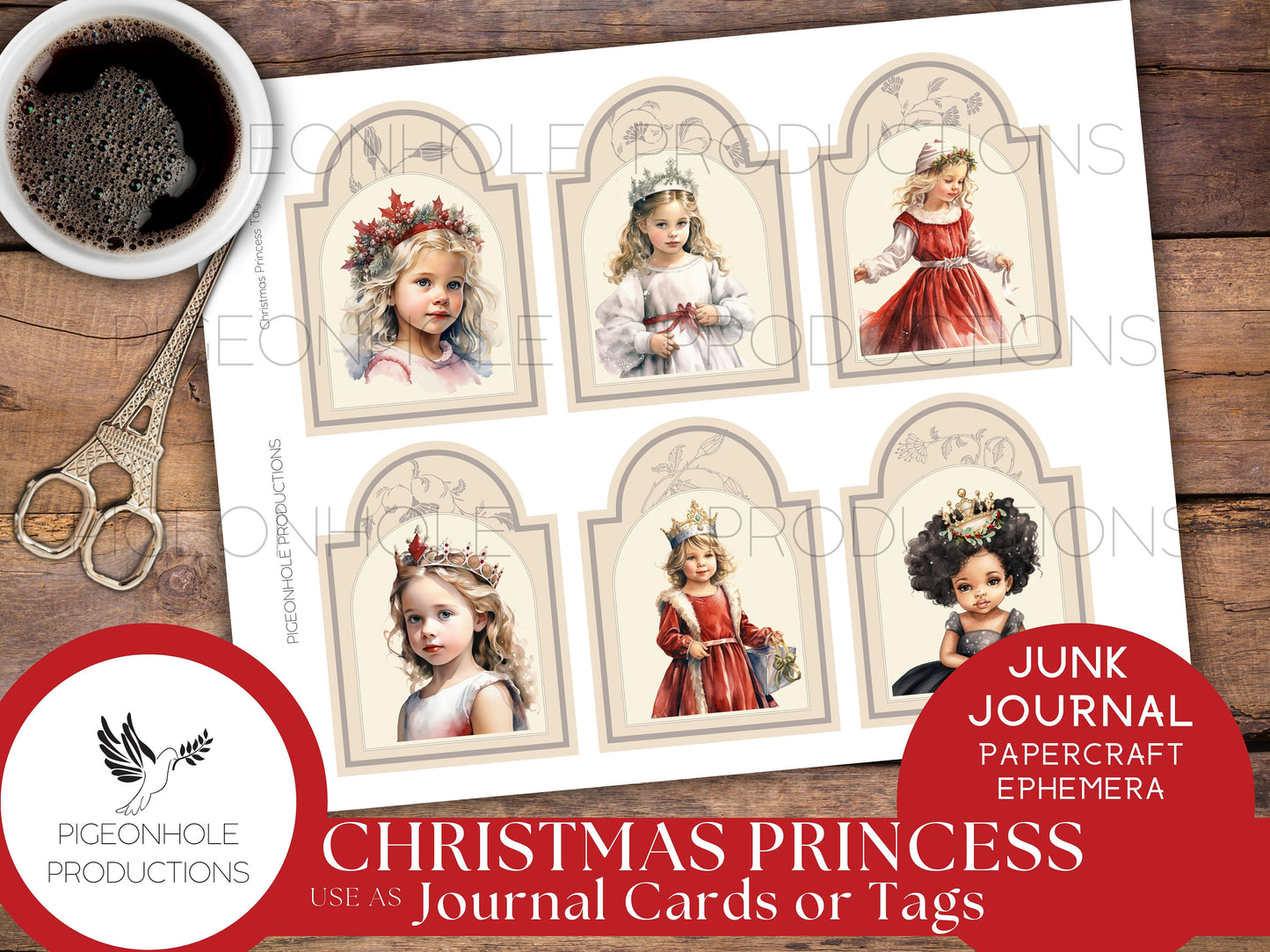 Christmas Princess Junk Journal Tags & Cards, PRINTABLE, 24 cards/tags, beautiful images of sweet little girls, journal cards or gift tags