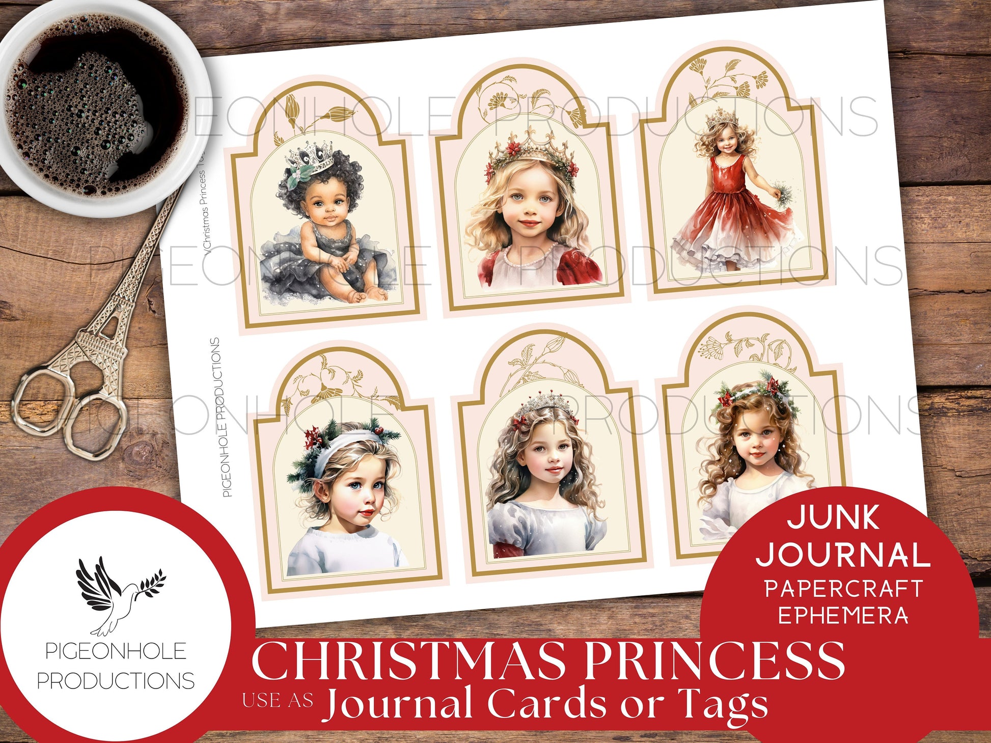 Christmas Princess Junk Journal Tags & Cards, PRINTABLE, 24 cards/tags, beautiful images of sweet little girls, journal cards or gift tags