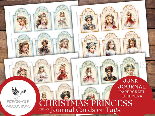 Christmas Princess Junk Journal Tags & Cards, PRINTABLE, 24 cards/tags, beautiful images of sweet little girls, journal cards or gift tags