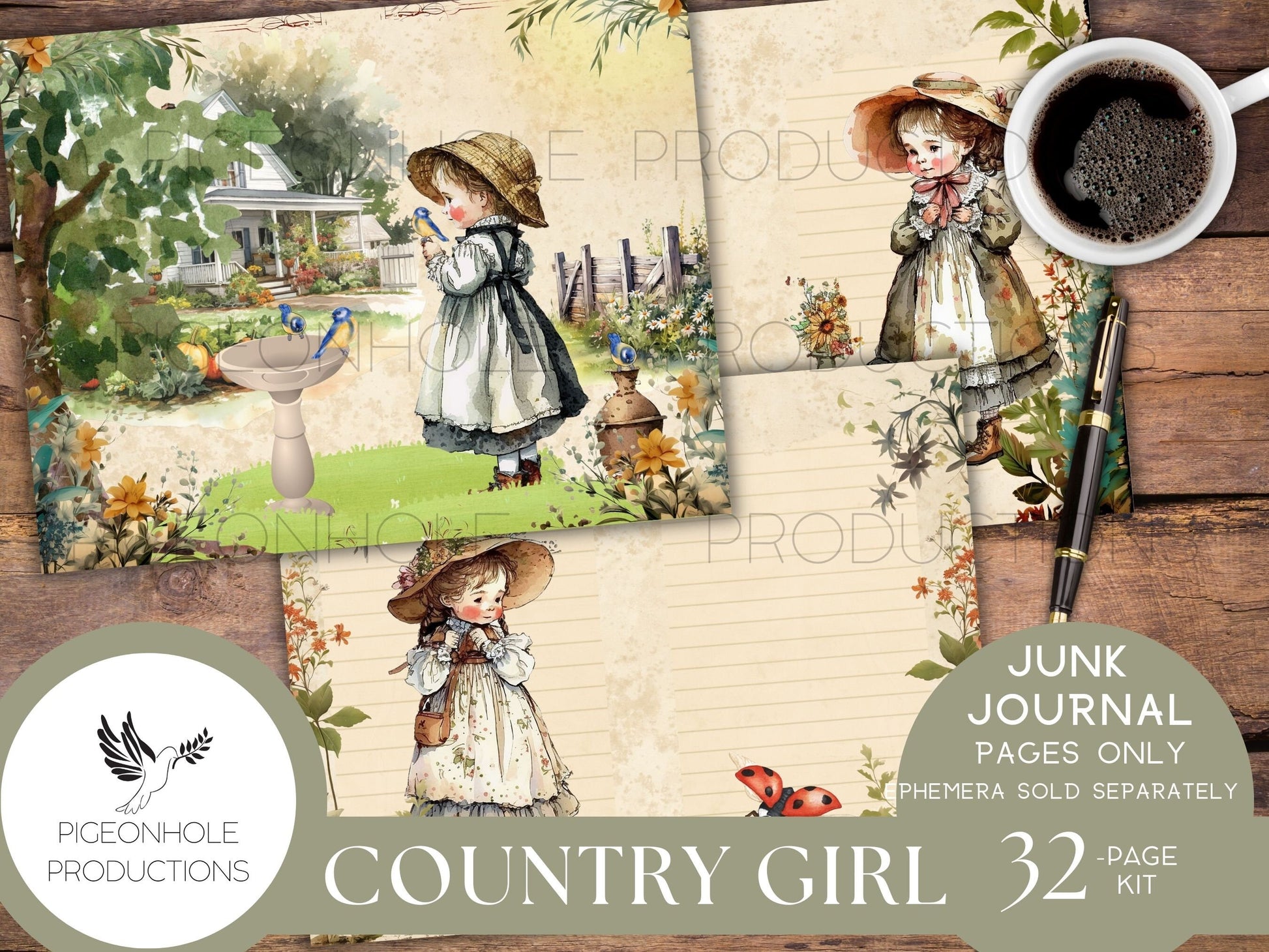 Country Girl Junk Journal Pages Only Kit, PRINTABLE, 32 collage, lined & unlined sheets, sweet girls, flowers, animals, bugs, country scenes