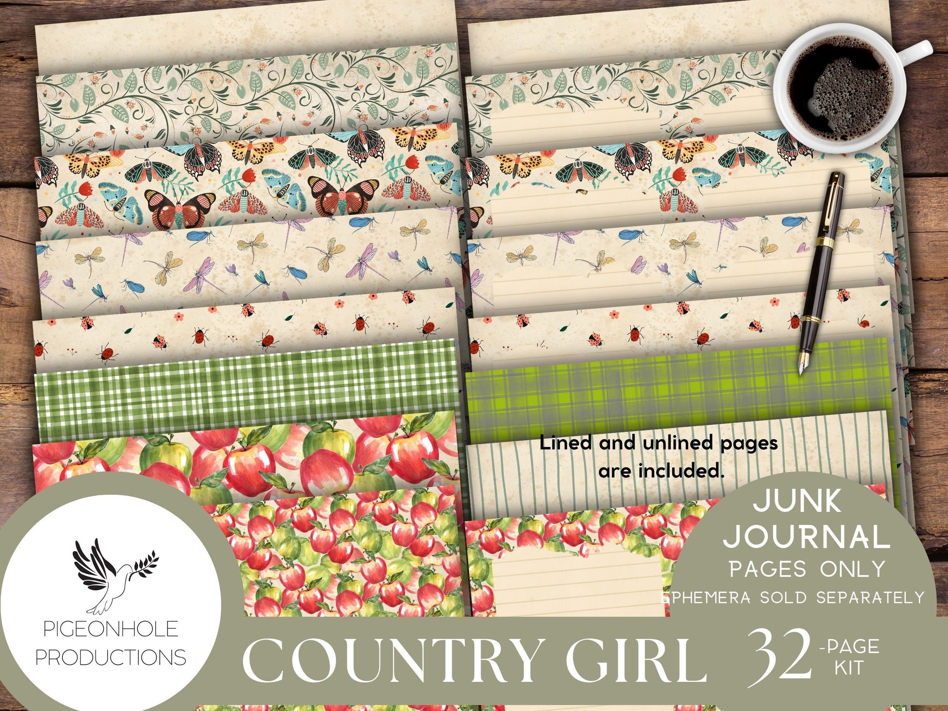 Country Girl Junk Journal Pages Only Kit, PRINTABLE, 32 collage, lined & unlined sheets, sweet girls, flowers, animals, bugs, country scenes