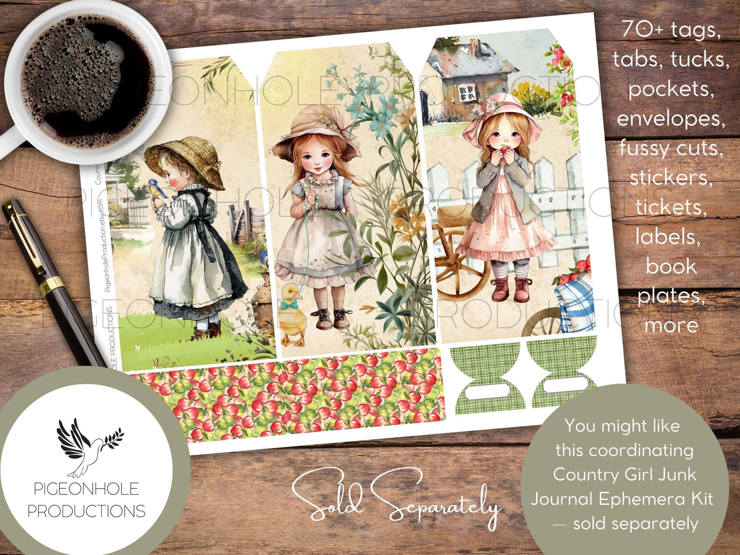 Country Girl Junk Journal Pages Only Kit, PRINTABLE, 32 collage, lined & unlined sheets, sweet girls, flowers, animals, bugs, country scenes