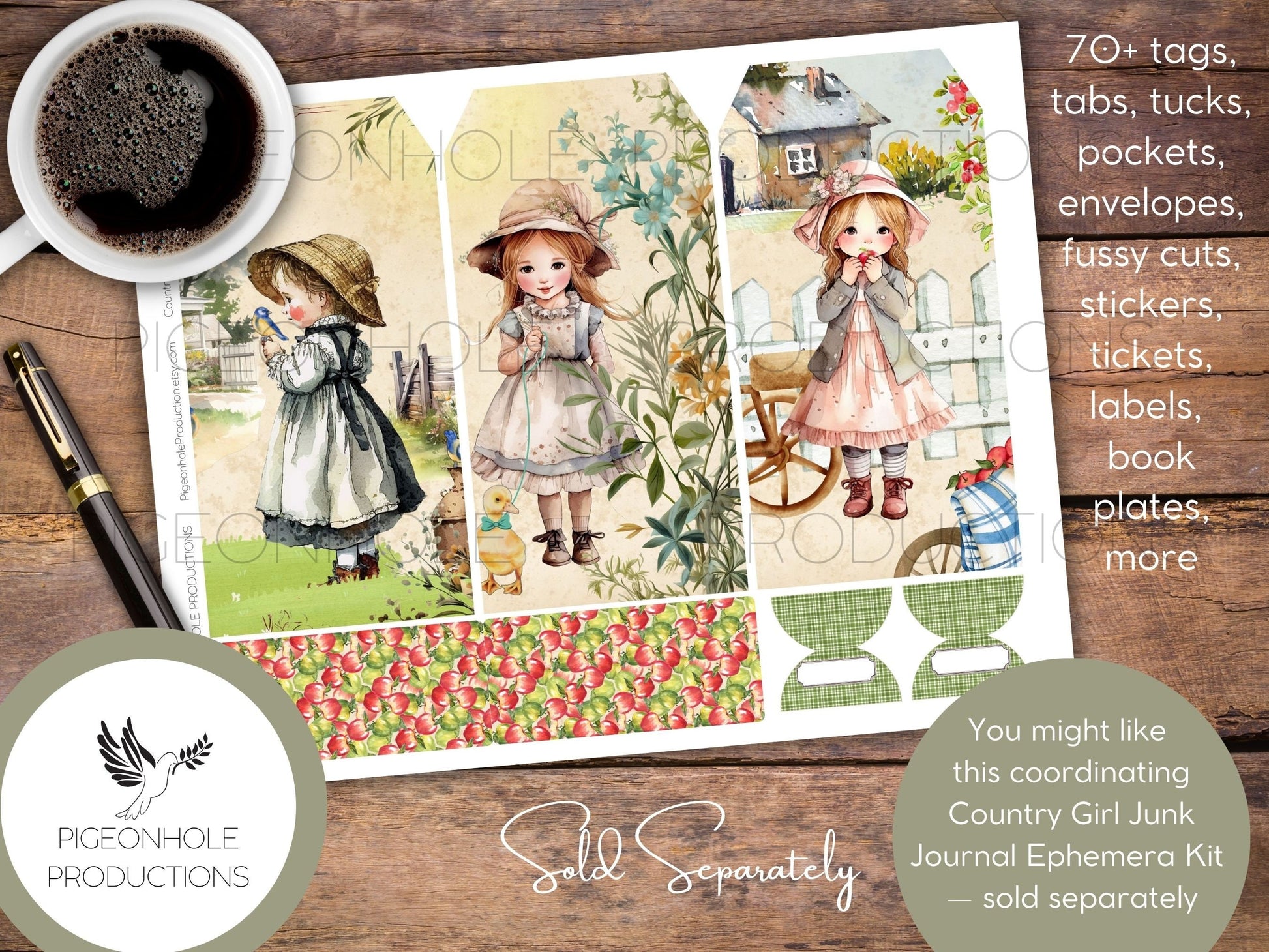 Country Girl Junk Journal Pages Only Kit, PRINTABLE, 32 collage, lined & unlined sheets, sweet girls, flowers, animals, bugs, country scenes