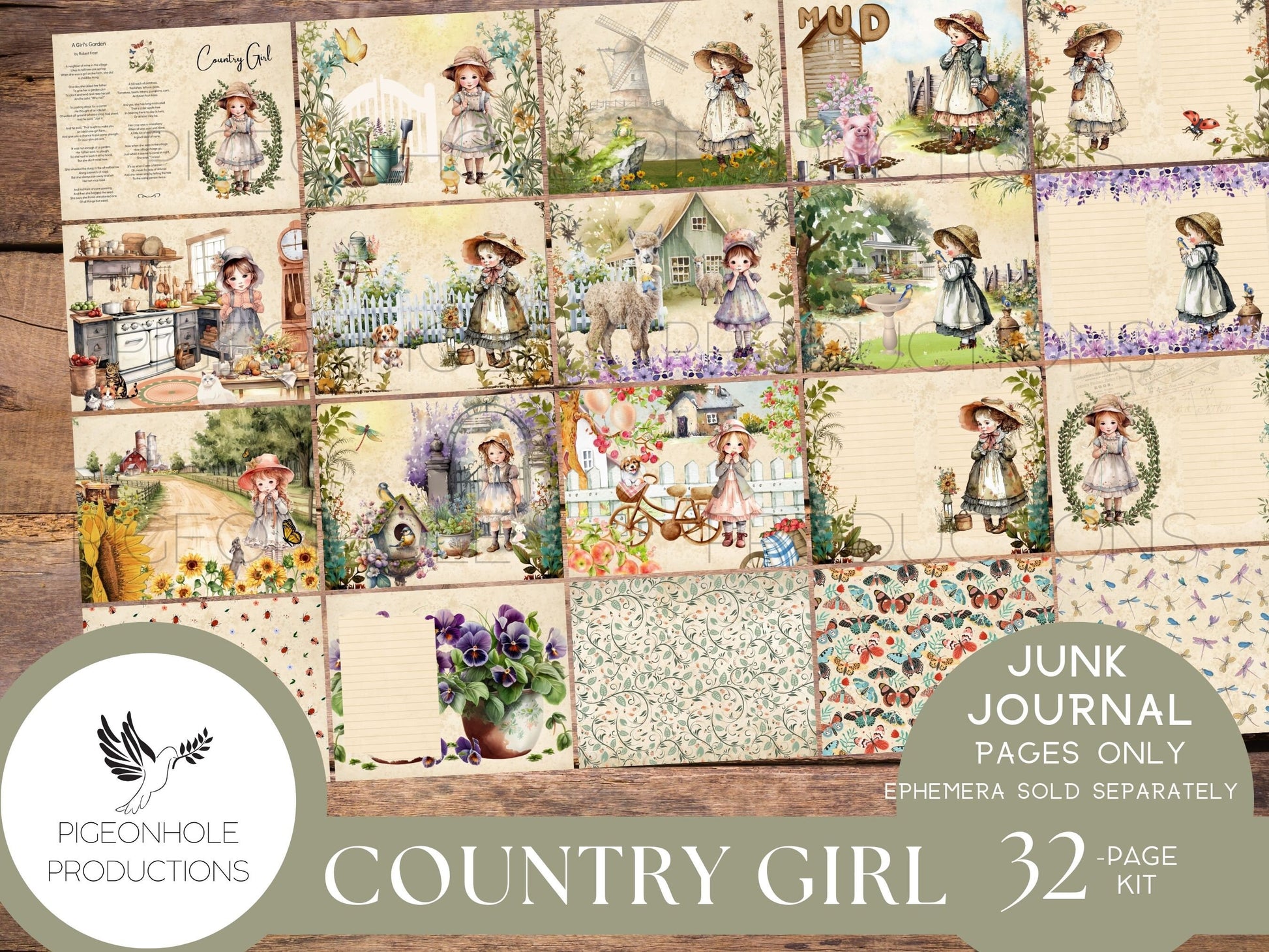 Country Girl Junk Journal Pages Only Kit, PRINTABLE, 32 collage, lined & unlined sheets, sweet girls, flowers, animals, bugs, country scenes