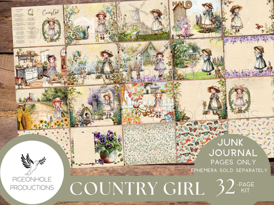 Country Girl Junk Journal Pages Only Kit, PRINTABLE, 32 collage, lined & unlined sheets, sweet girls, flowers, animals, bugs, country scenes
