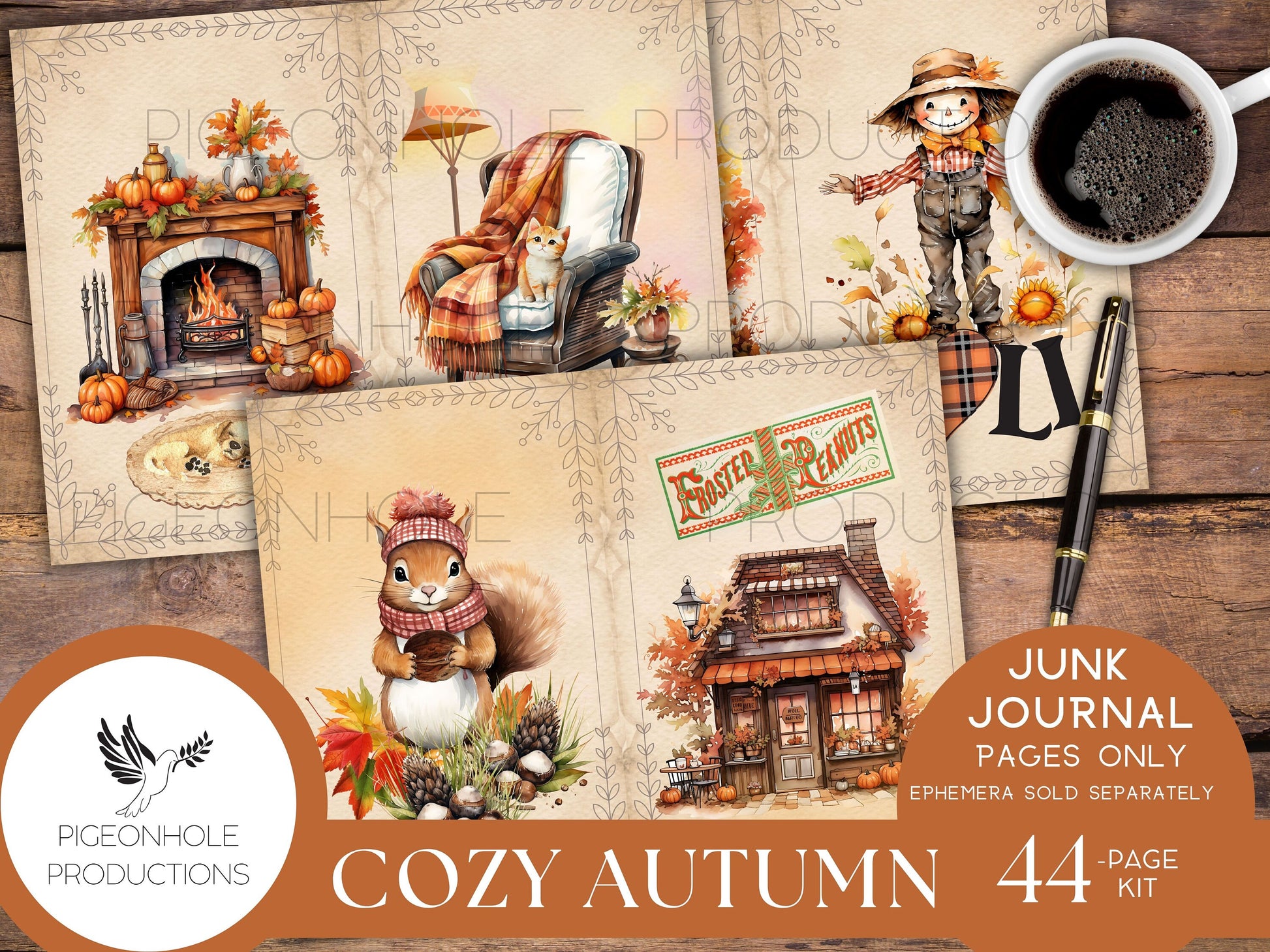 Cozy Autumn Junk Journal Pages Only Kit, PRINTABLE, 44 sheets of collaged, lined & unlined sheets, rich fall colors and images for crafting