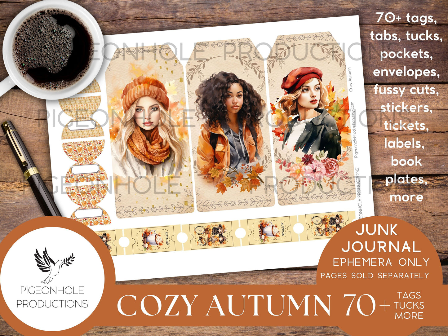 Cozy Autumn Junk Journal EPHEMERA, PRINTABLE, 70+ tags, tucks, pockets, envelopes, fussy cuts, stickers, tickets, labels, bookplates, more!