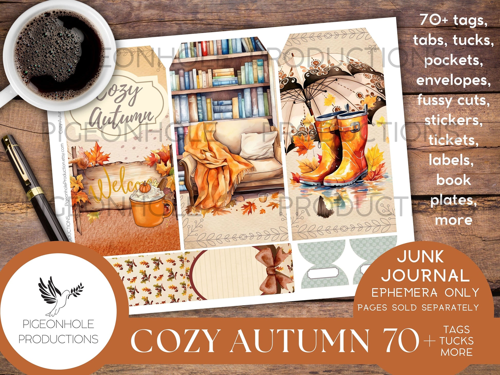 Cozy Autumn Junk Journal EPHEMERA, PRINTABLE, 70+ tags, tucks, pockets, envelopes, fussy cuts, stickers, tickets, labels, bookplates, more!