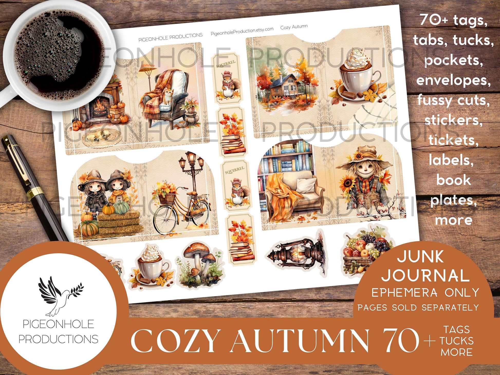 Cozy Autumn Junk Journal EPHEMERA, PRINTABLE, 70+ tags, tucks, pockets, envelopes, fussy cuts, stickers, tickets, labels, bookplates, more!