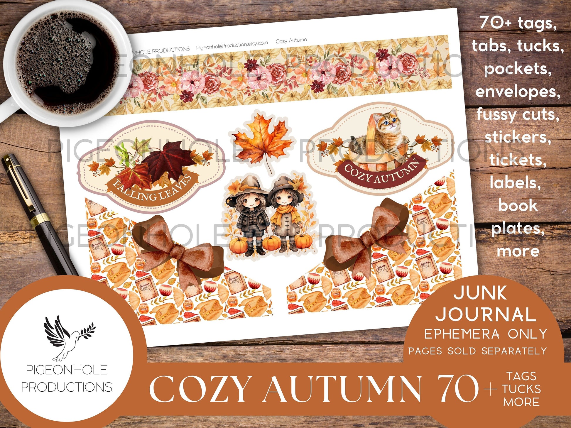 Cozy Autumn Junk Journal EPHEMERA, PRINTABLE, 70+ tags, tucks, pockets, envelopes, fussy cuts, stickers, tickets, labels, bookplates, more!