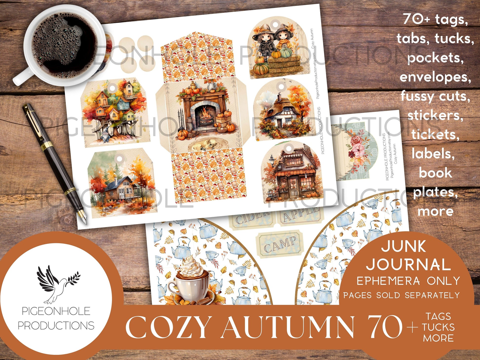 Cozy Autumn Junk Journal EPHEMERA, PRINTABLE, 70+ tags, tucks, pockets, envelopes, fussy cuts, stickers, tickets, labels, bookplates, more!