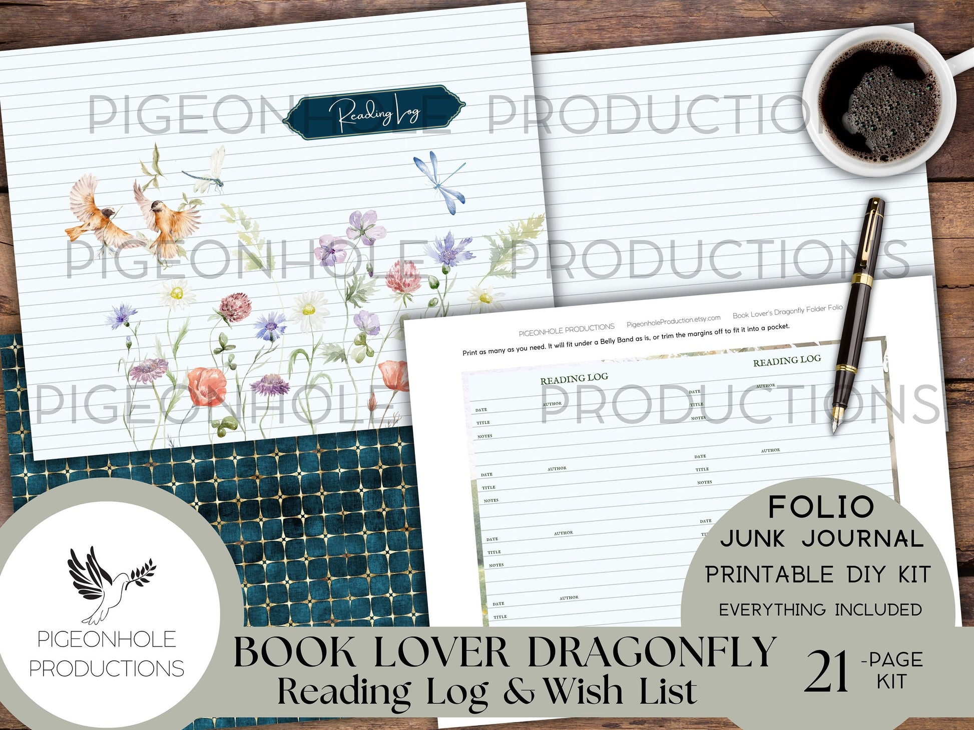 Book Lover Dragonfly Junk Journal PRINTABLE FOLIO, Reading Log, Reading Wish List, bookplates, bookmarks, tags, pockets, genre labels, more!