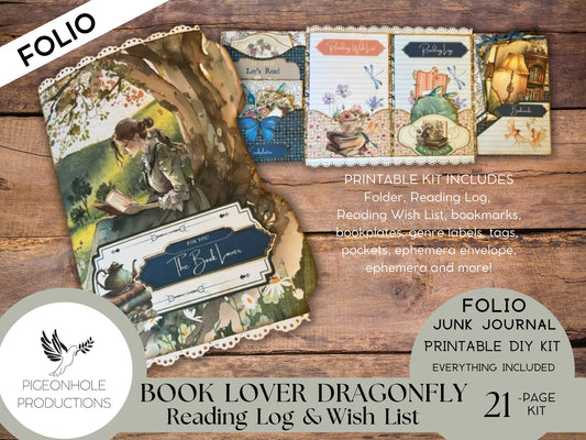 Book Lover Dragonfly Junk Journal PRINTABLE FOLIO, Reading Log, Reading Wish List, bookplates, bookmarks, tags, pockets, genre labels, more!