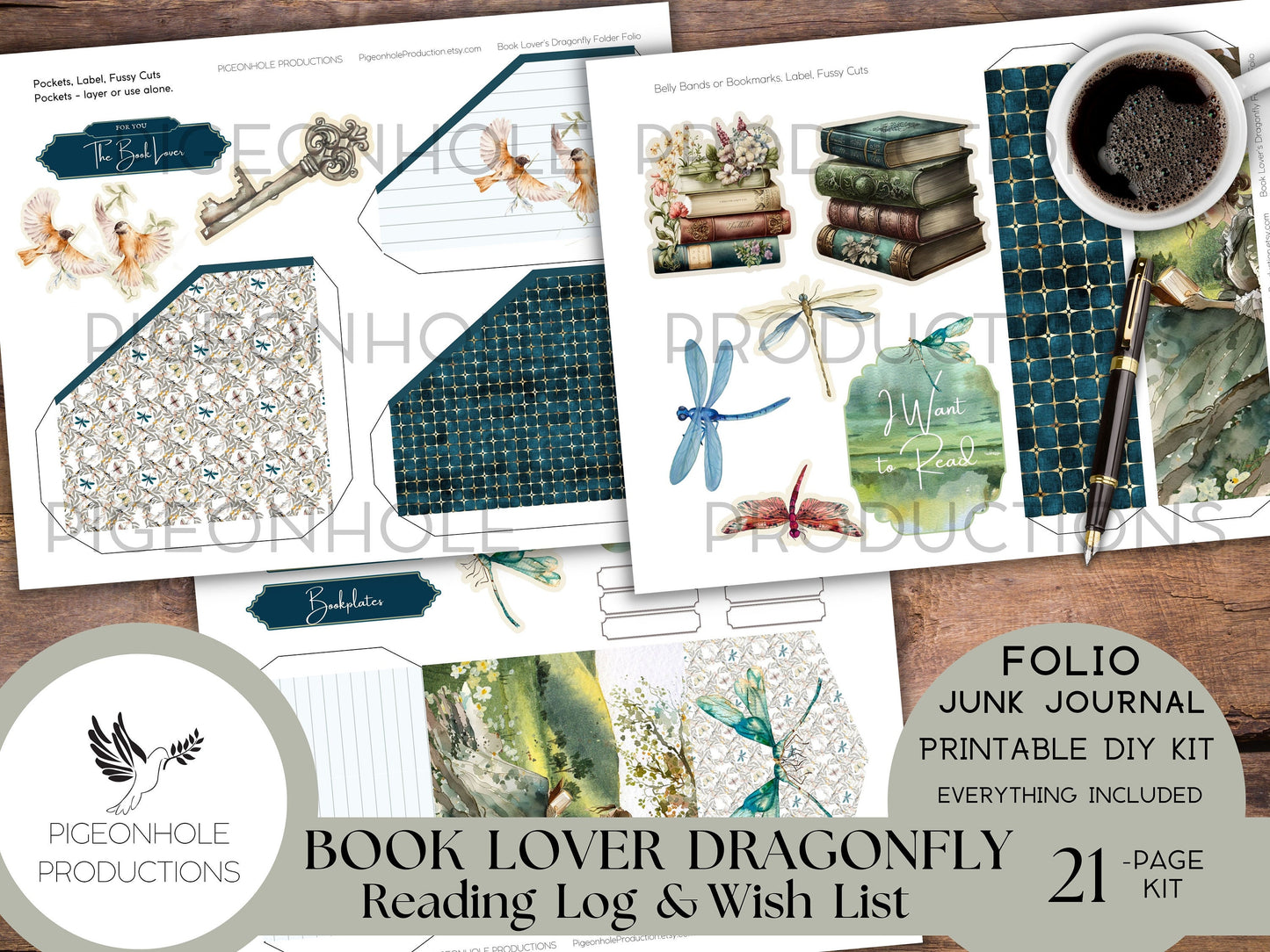 Book Lover Dragonfly Junk Journal PRINTABLE FOLIO, Reading Log, Reading Wish List, bookplates, bookmarks, tags, pockets, genre labels, more!