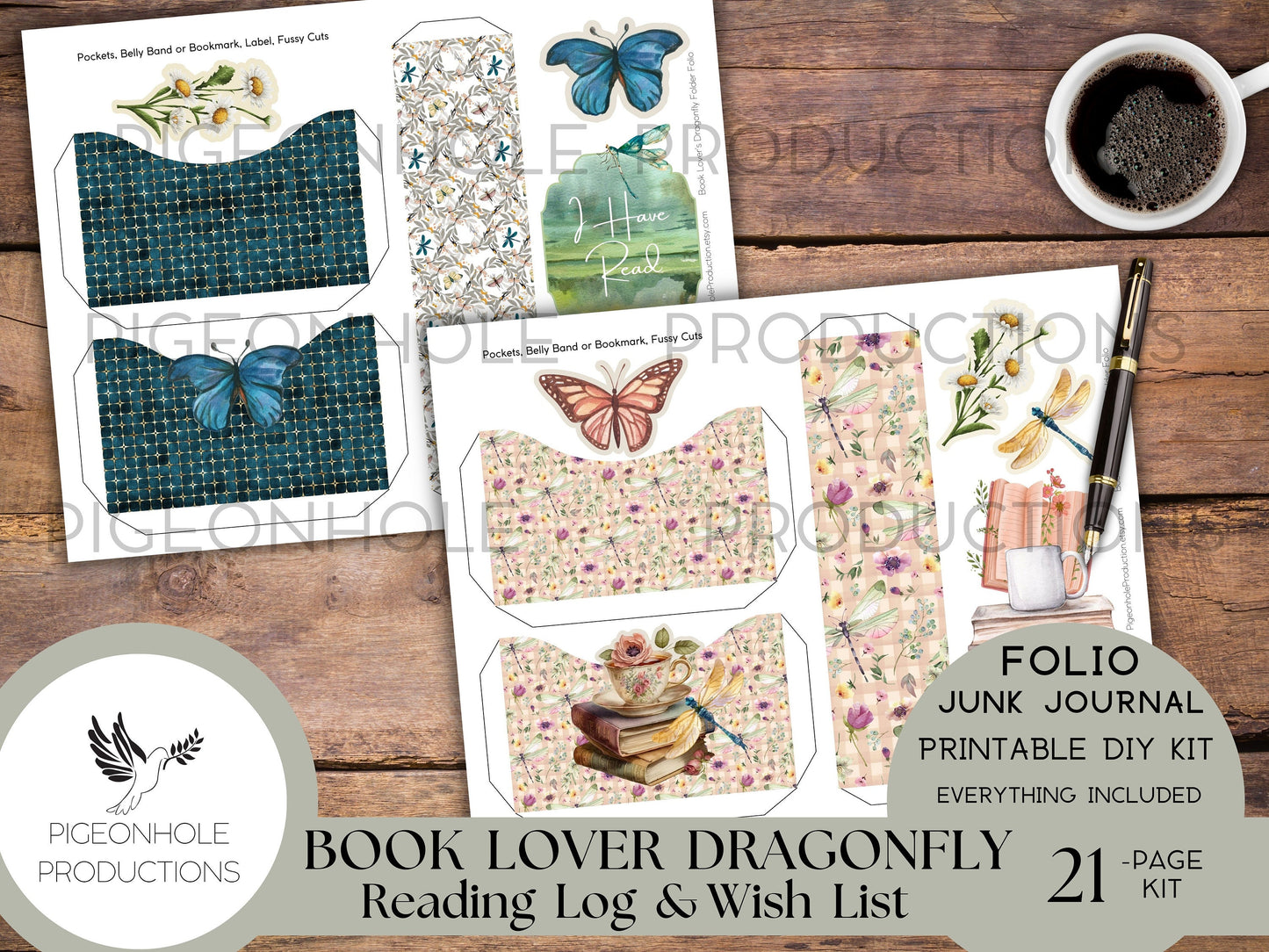 Book Lover Dragonfly Junk Journal PRINTABLE FOLIO, Reading Log, Reading Wish List, bookplates, bookmarks, tags, pockets, genre labels, more!