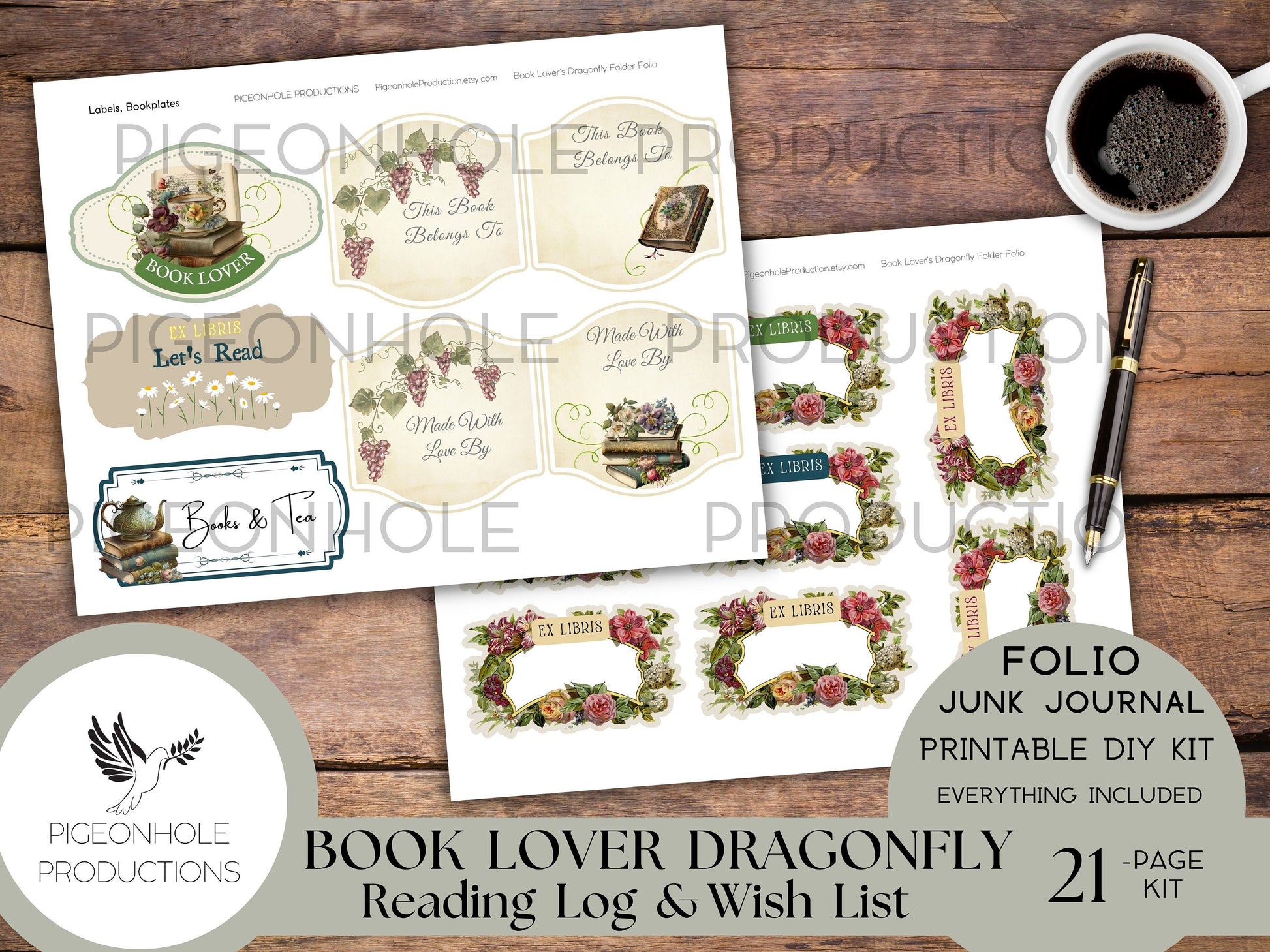 Book Lover Dragonfly Junk Journal PRINTABLE FOLIO, Reading Log, Reading Wish List, bookplates, bookmarks, tags, pockets, genre labels, more!