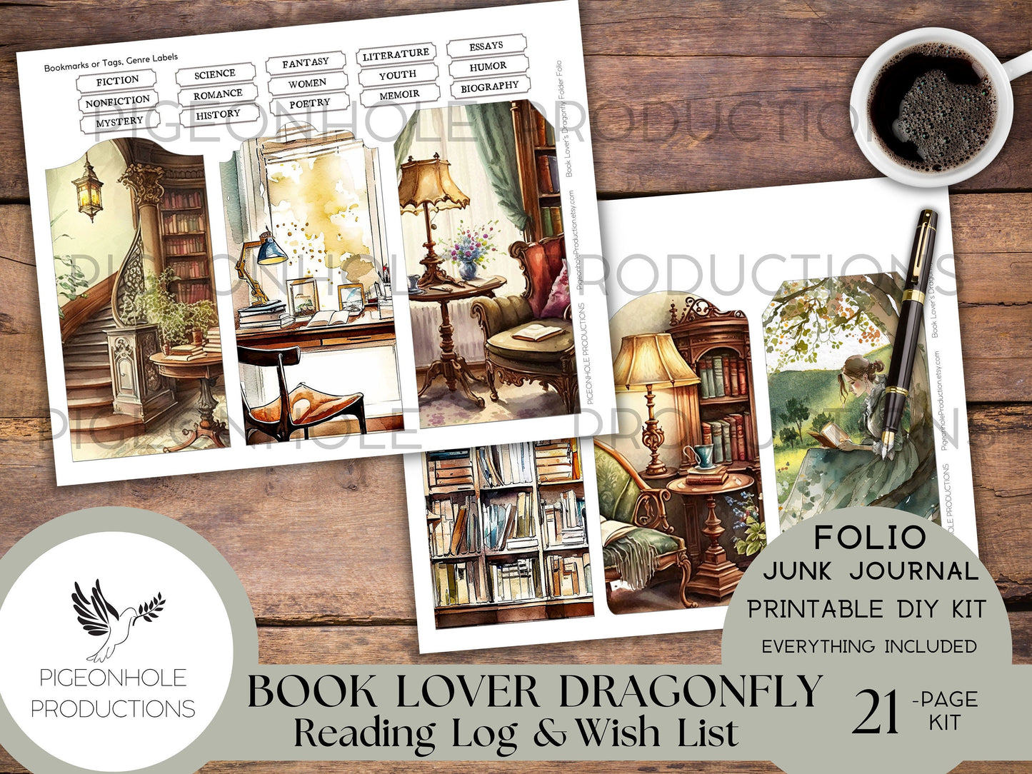 Book Lover Dragonfly Junk Journal PRINTABLE FOLIO, Reading Log, Reading Wish List, bookplates, bookmarks, tags, pockets, genre labels, more!