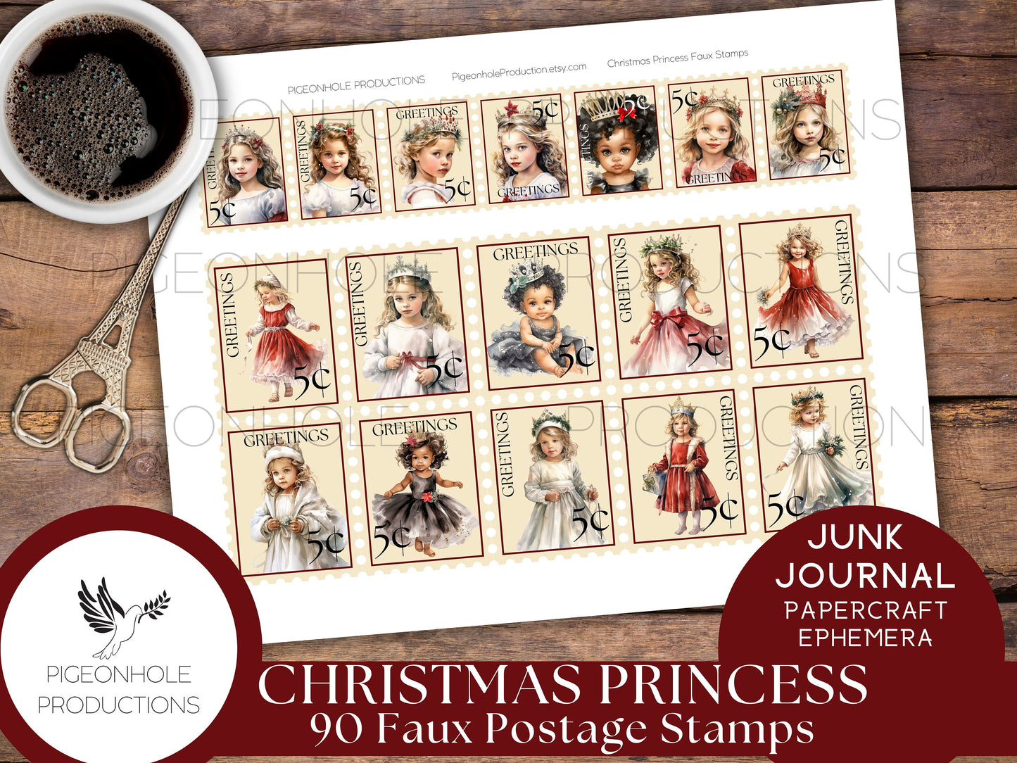 Christmas Princess Faux Postage Stamps, PRINTABLE, for junk journals, planners, scrapbooking, collage, or print on sticker paper