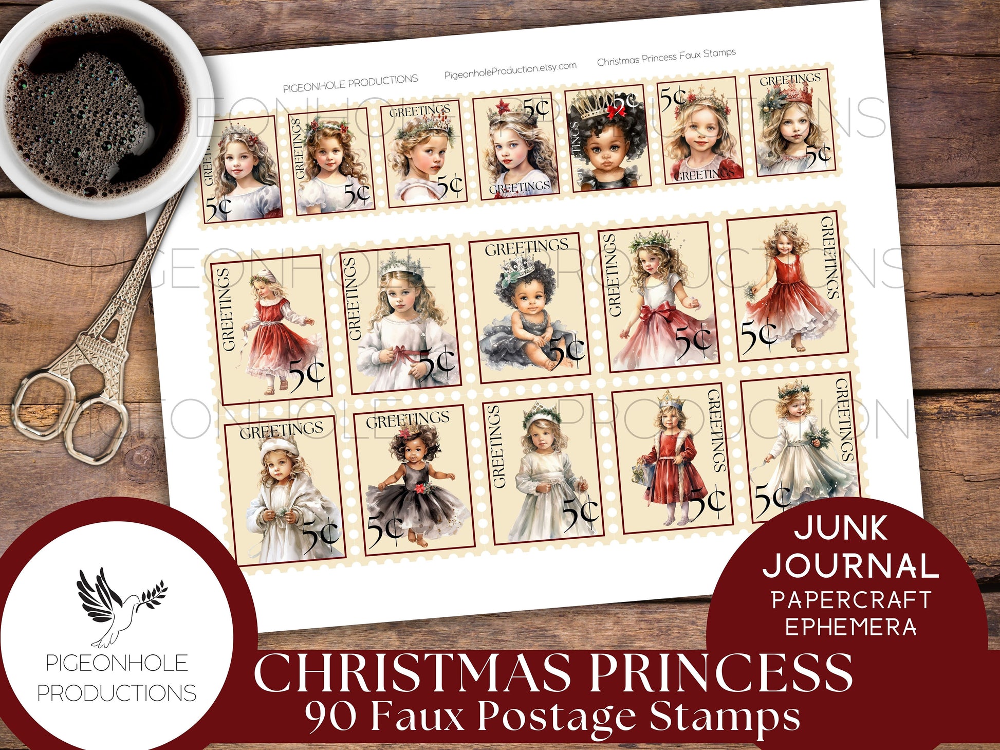 Christmas Princess Faux Postage Stamps, PRINTABLE, for junk journals, planners, scrapbooking, collage, or print on sticker paper