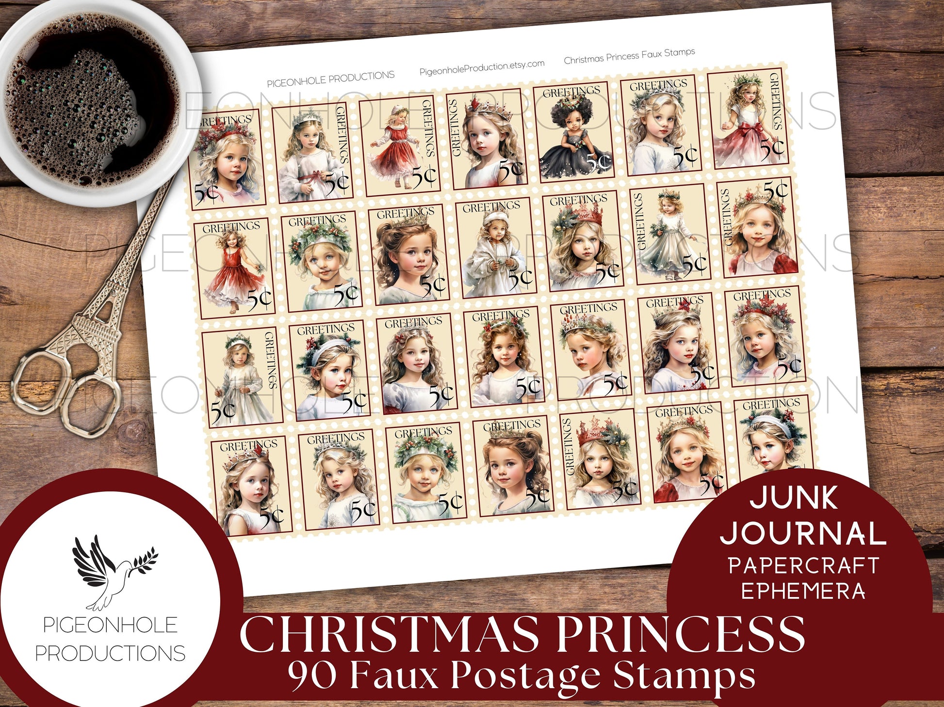 Christmas Princess Faux Postage Stamps, PRINTABLE, for junk journals, planners, scrapbooking, collage, or print on sticker paper