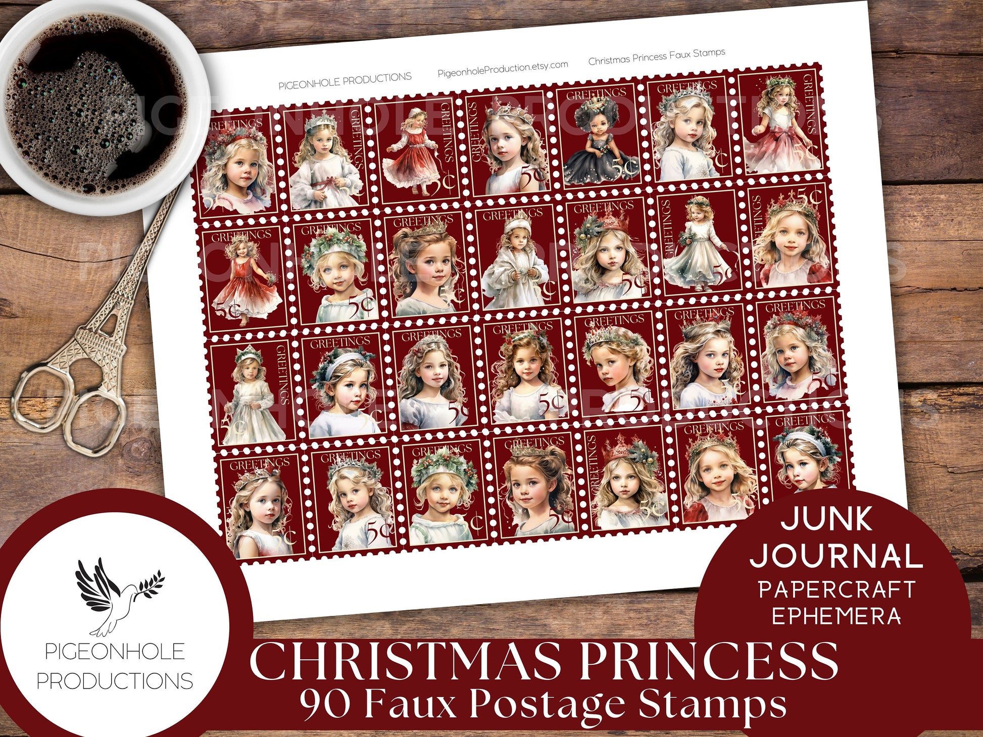 Christmas Princess Faux Postage Stamps, PRINTABLE, for junk journals, planners, scrapbooking, collage, or print on sticker paper