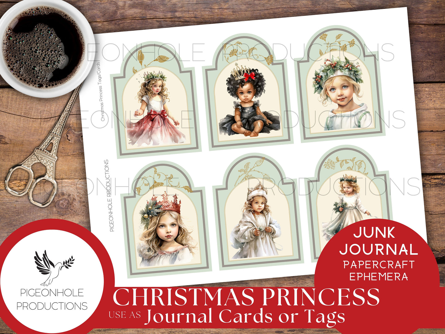 Christmas Princess Junk Journal Tags & Cards, PRINTABLE, 24 cards/tags, beautiful images of sweet little girls, journal cards or gift tags