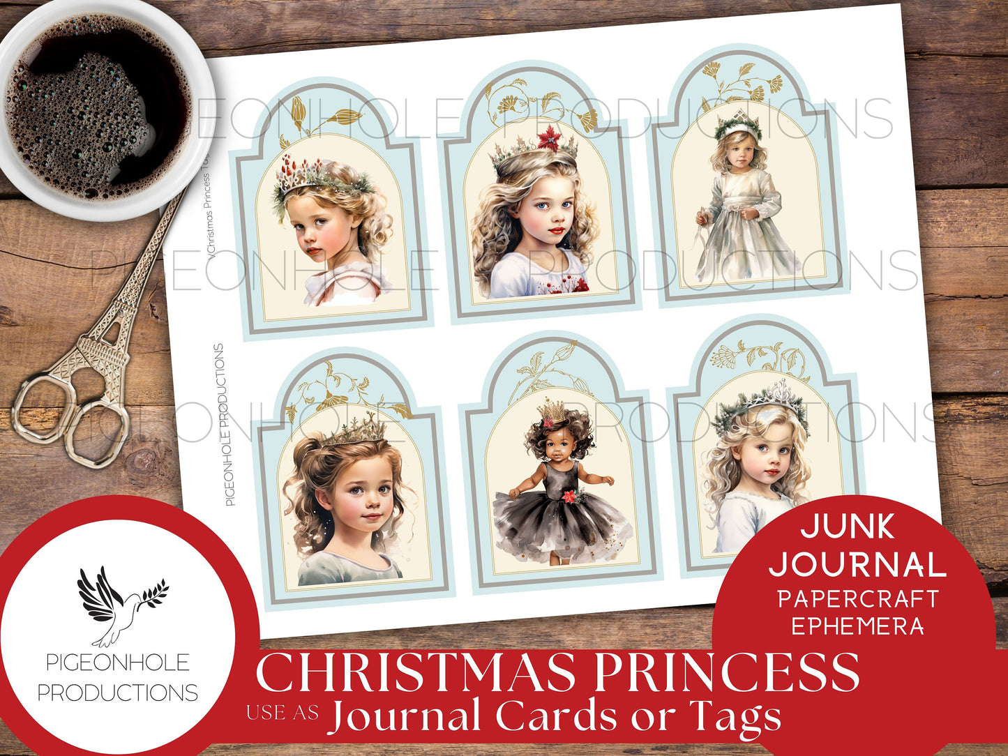 Christmas Princess Junk Journal Tags & Cards, PRINTABLE, 24 cards/tags, beautiful images of sweet little girls, journal cards or gift tags