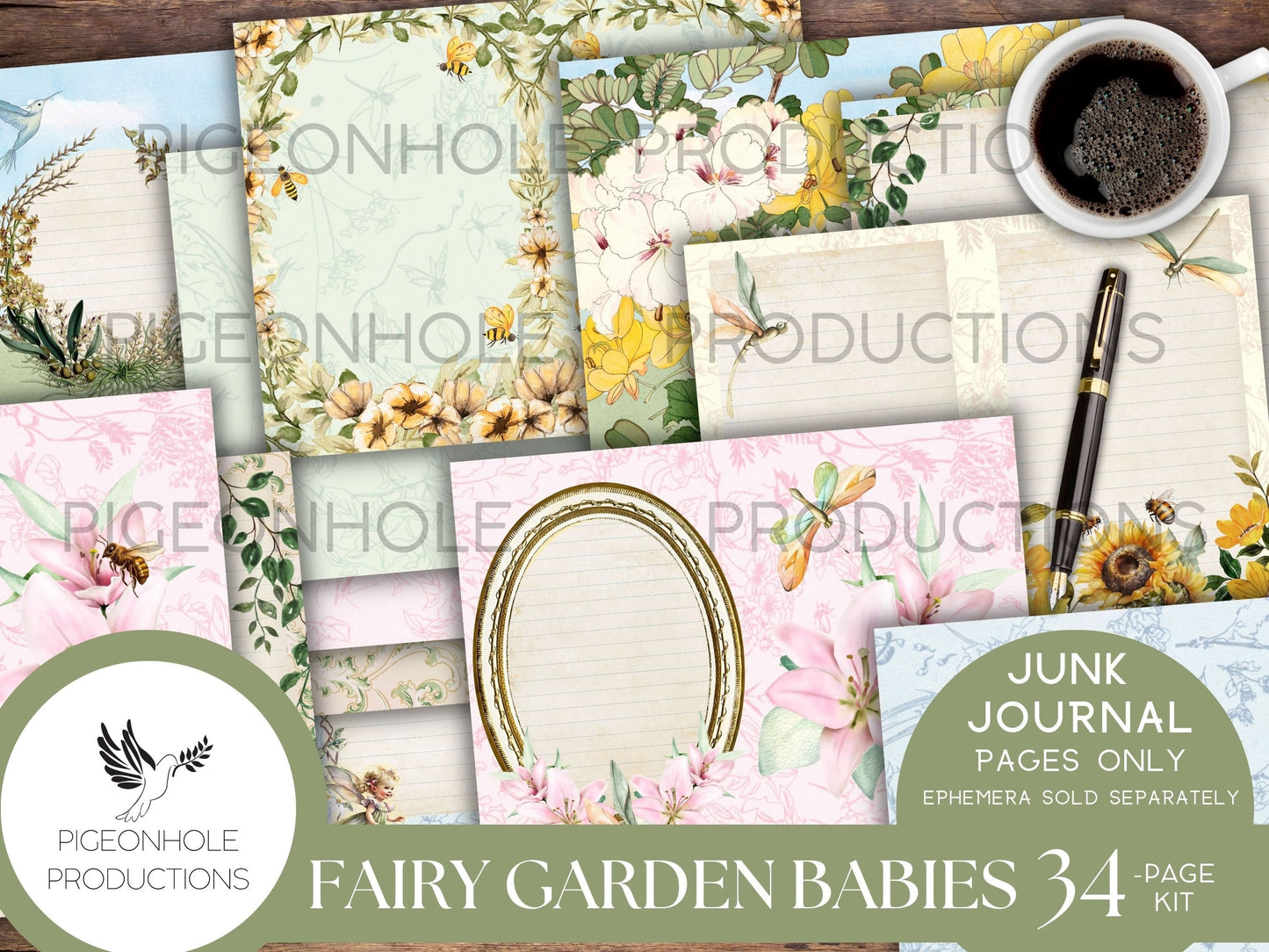 Fairy Garden Babies Junk Journal Pages, PRINTABLE, 34 sheets of collaged pages, background papers & lined journal pages, sweet fairy babies!