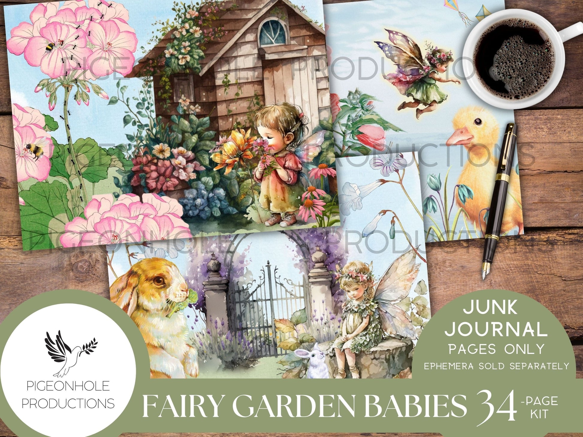 Fairy Garden Babies Junk Journal Pages, PRINTABLE, 34 sheets of collaged pages, background papers & lined journal pages, sweet fairy babies!