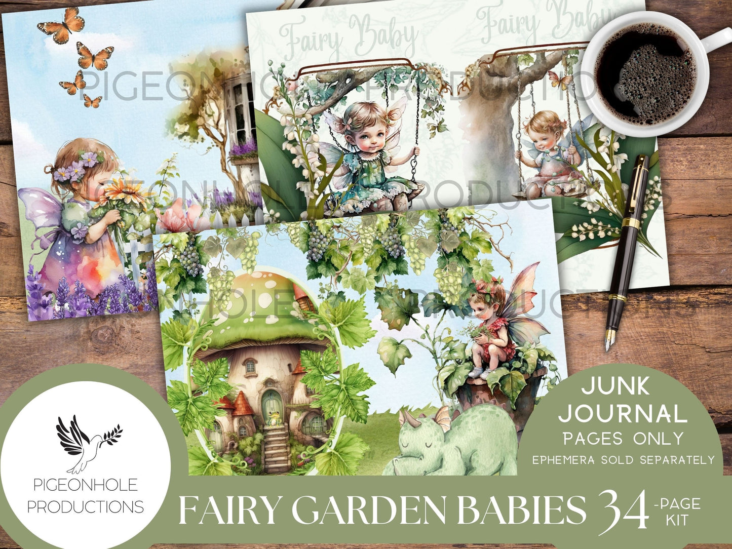 Fairy Garden Babies Junk Journal Pages, PRINTABLE, 34 sheets of collaged pages, background papers & lined journal pages, sweet fairy babies!