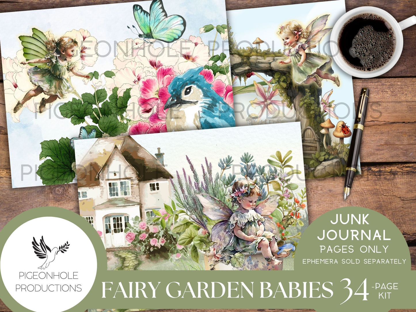 Fairy Garden Babies Junk Journal Pages, PRINTABLE, 34 sheets of collaged pages, background papers & lined journal pages, sweet fairy babies!