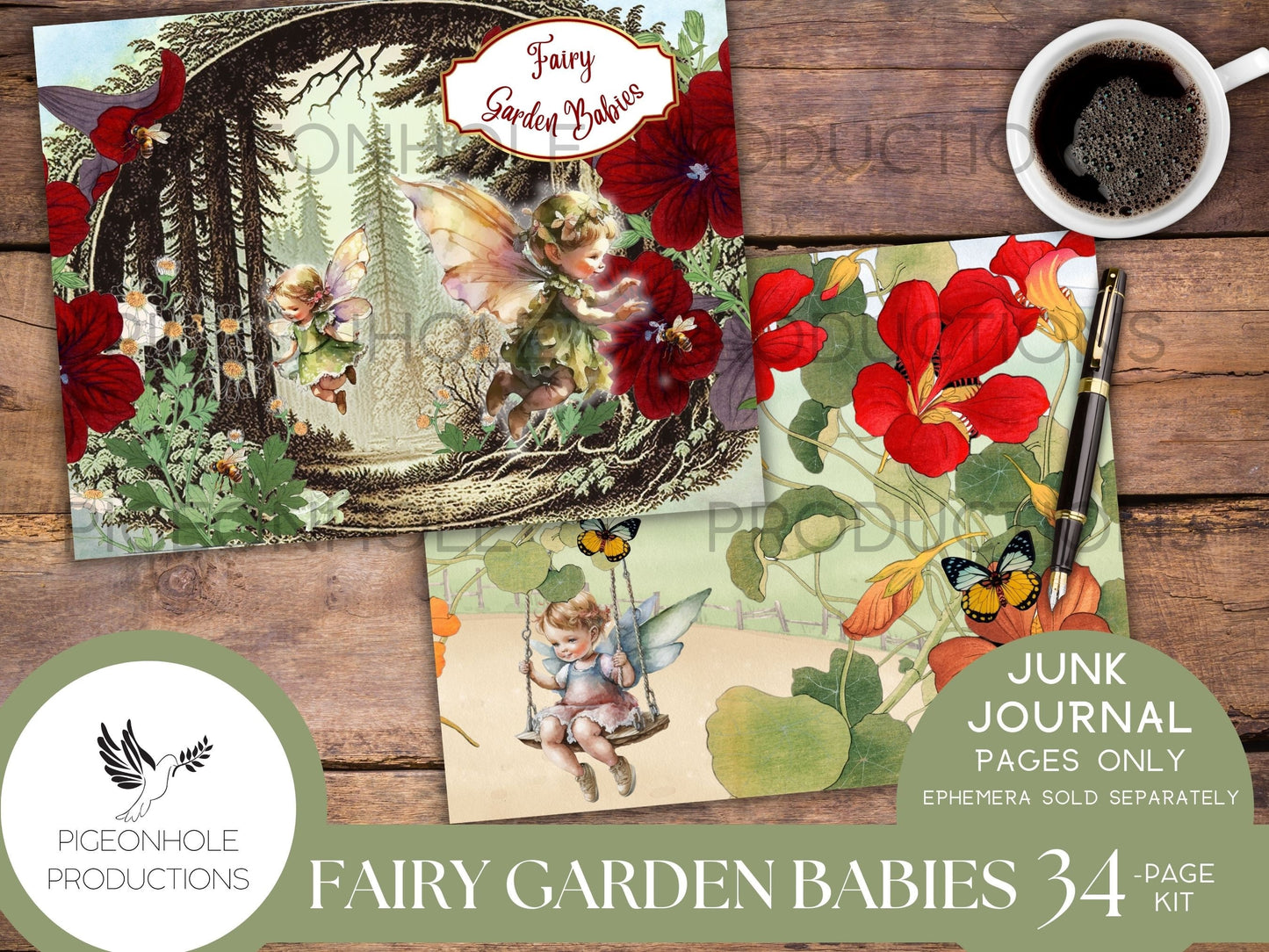 Fairy Garden Babies Junk Journal Pages, PRINTABLE, 34 sheets of collaged pages, background papers & lined journal pages, sweet fairy babies!