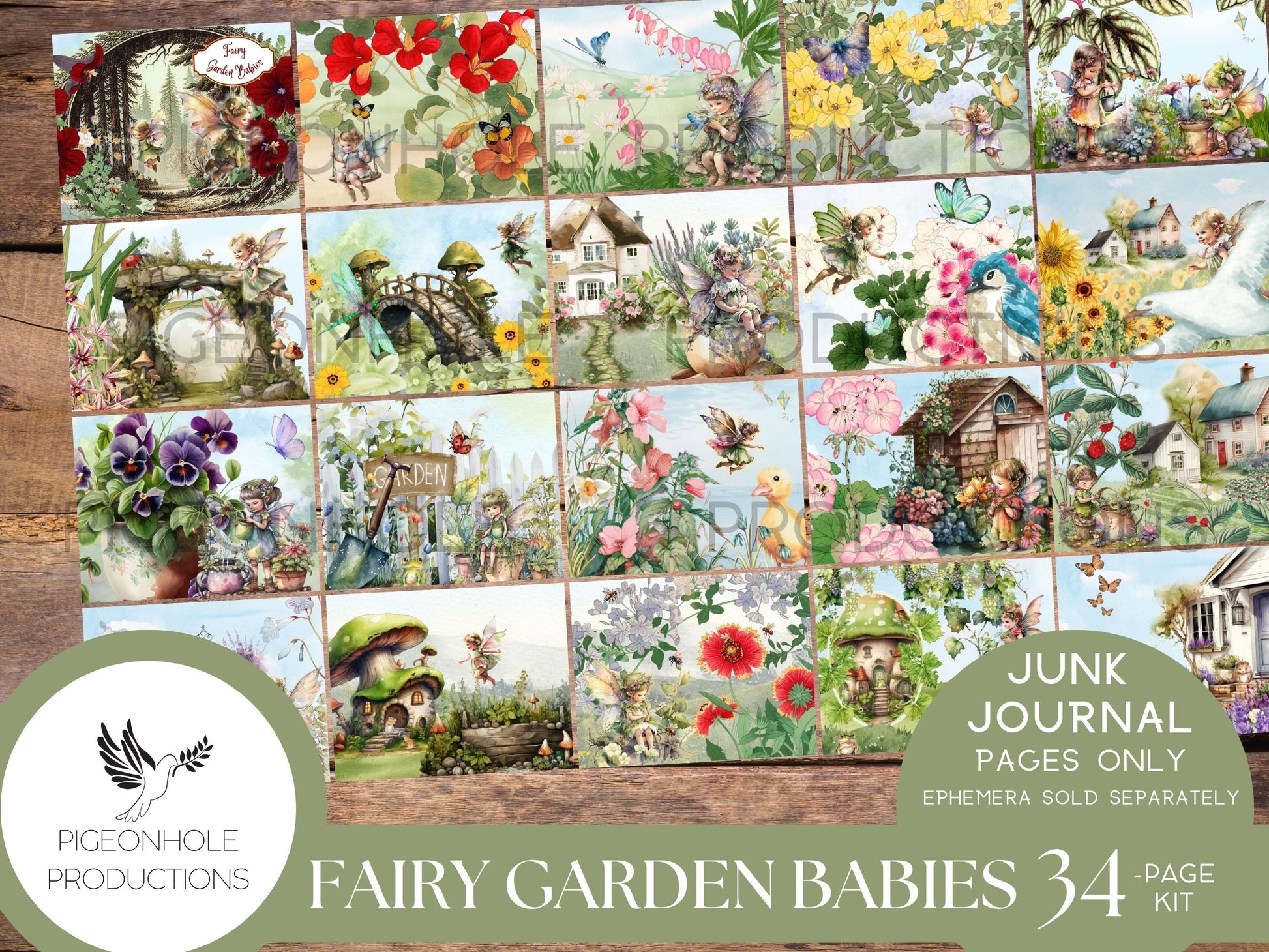 Fairy Garden Babies Junk Journal Pages, PRINTABLE, 34 sheets of collaged pages, background papers & lined journal pages, sweet fairy babies!