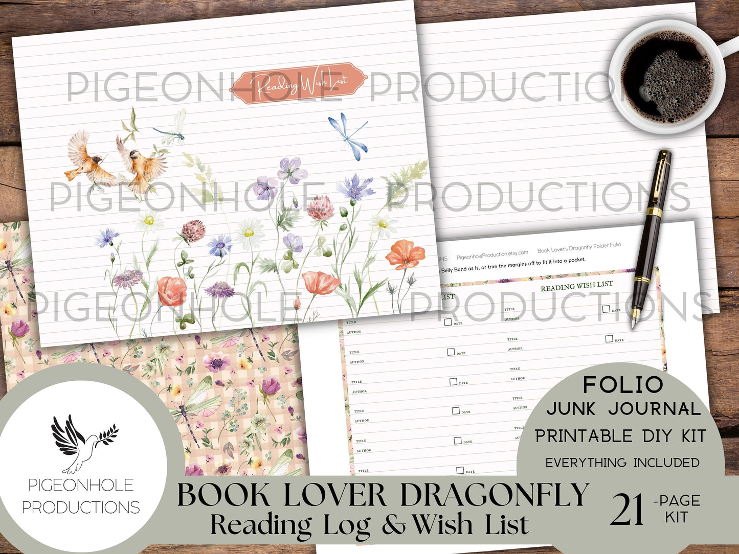 Book Lover Dragonfly Junk Journal PRINTABLE FOLIO, Reading Log, Reading Wish List, bookplates, bookmarks, tags, pockets, genre labels, more!