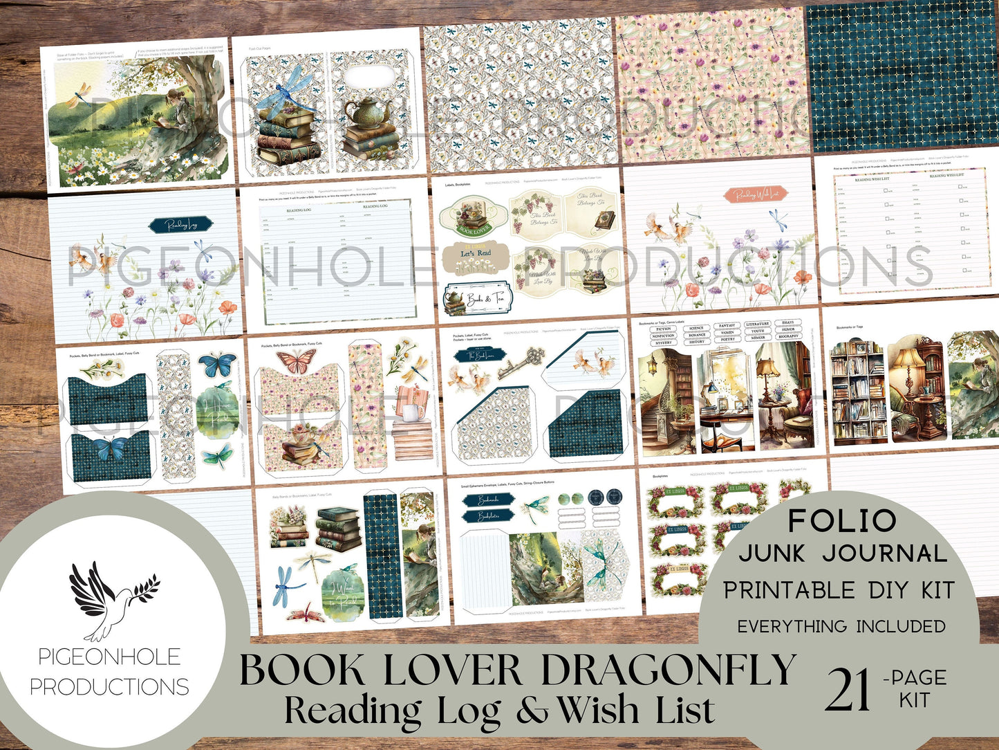 Book Lover Dragonfly Junk Journal PRINTABLE FOLIO, Reading Log, Reading Wish List, bookplates, bookmarks, tags, pockets, genre labels, more!