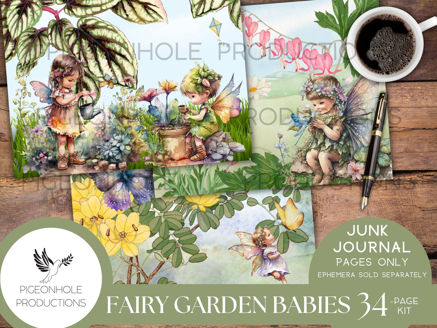 Fairy Garden Babies Junk Journal Pages, PRINTABLE, 34 sheets of collaged pages, background papers & lined journal pages, sweet fairy babies!