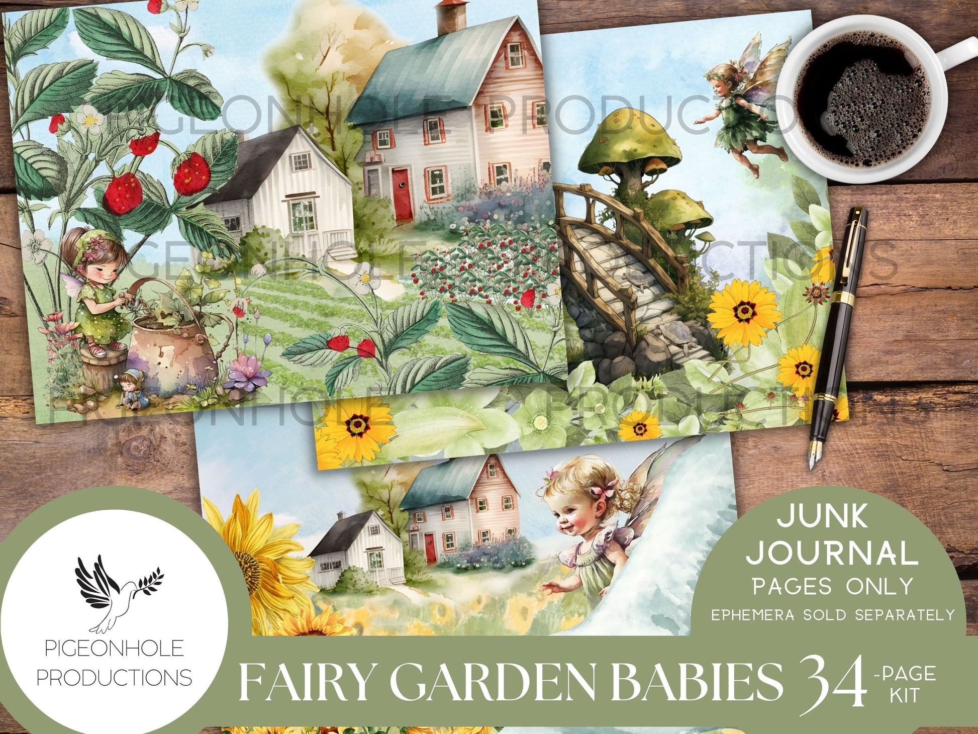 Fairy Garden Babies Junk Journal Pages, PRINTABLE, 34 sheets of collaged pages, background papers & lined journal pages, sweet fairy babies!