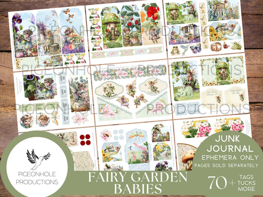 Fairy Garden Babies Junk Journal EPHEMERA, PRINTABLE, 70+ tags, tucks, pockets, envelopes, fussy cuts, stickers, tickets, labels, more!