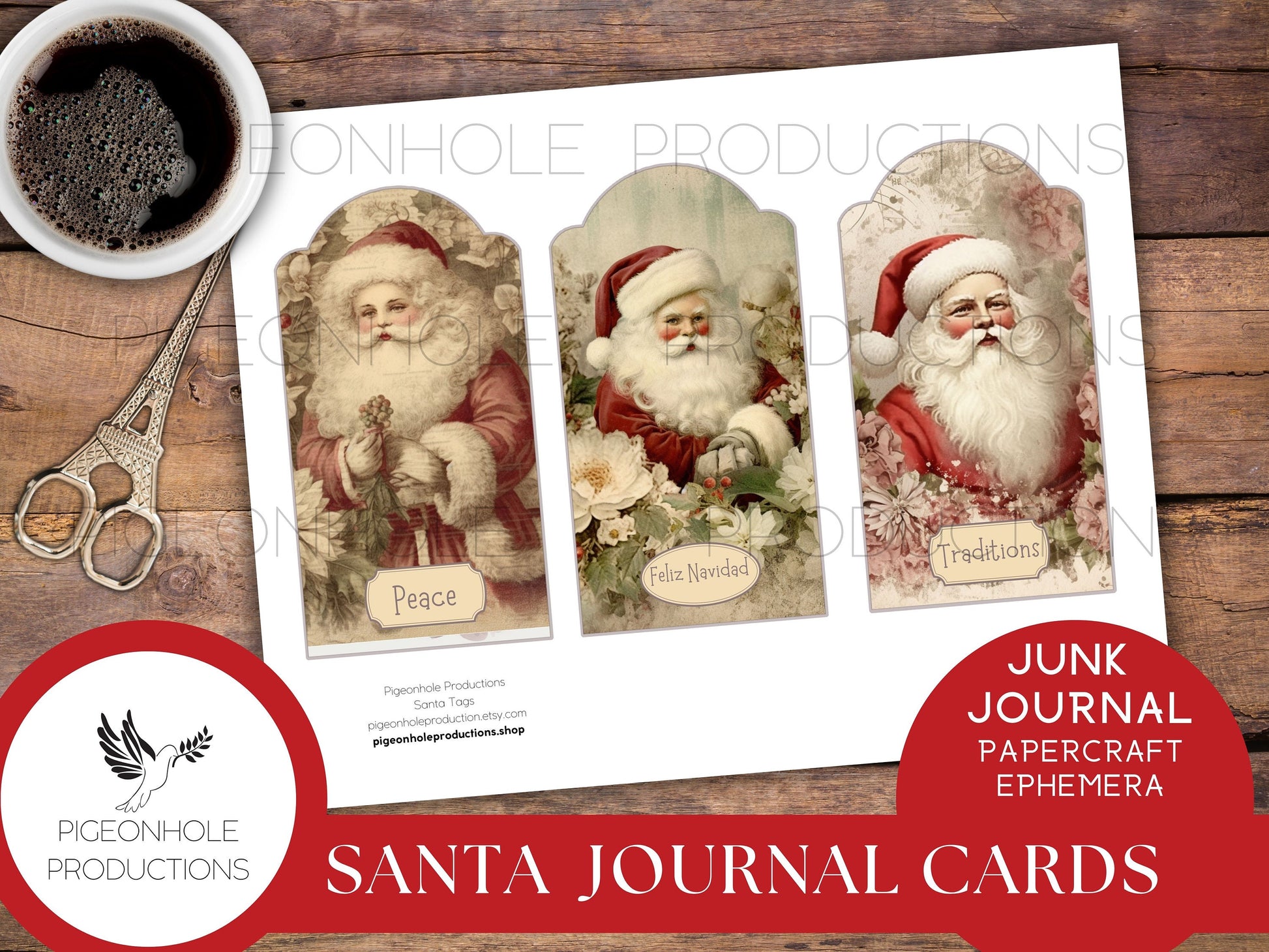 Santa Christmas Junk Journal Cards & Gift Tags, PRINTABLE, 30 journal cards, papercraft ephemera, print reduced size for gift tags