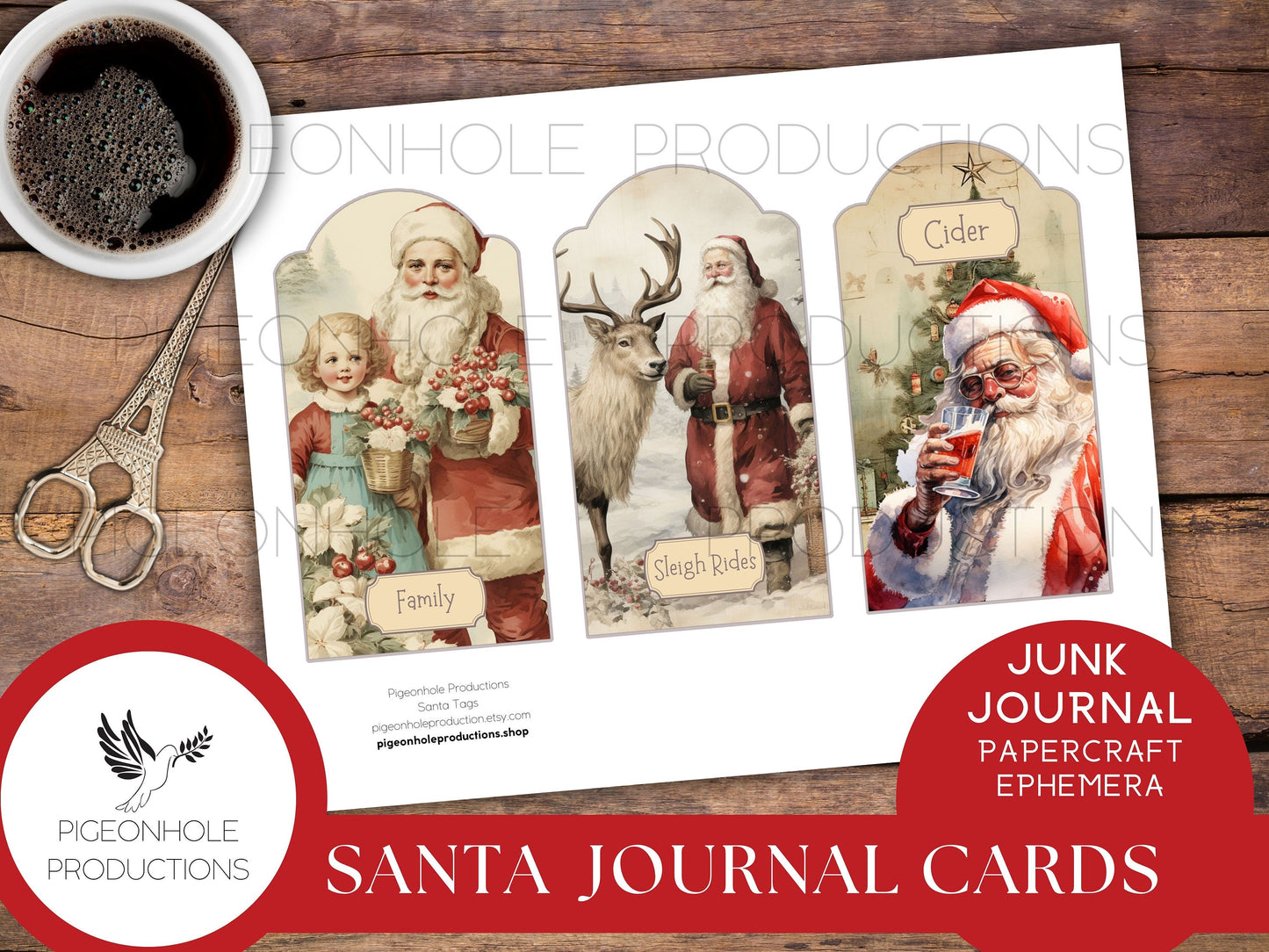 Santa Christmas Junk Journal Cards & Gift Tags, PRINTABLE, 30 journal cards, papercraft ephemera, print reduced size for gift tags