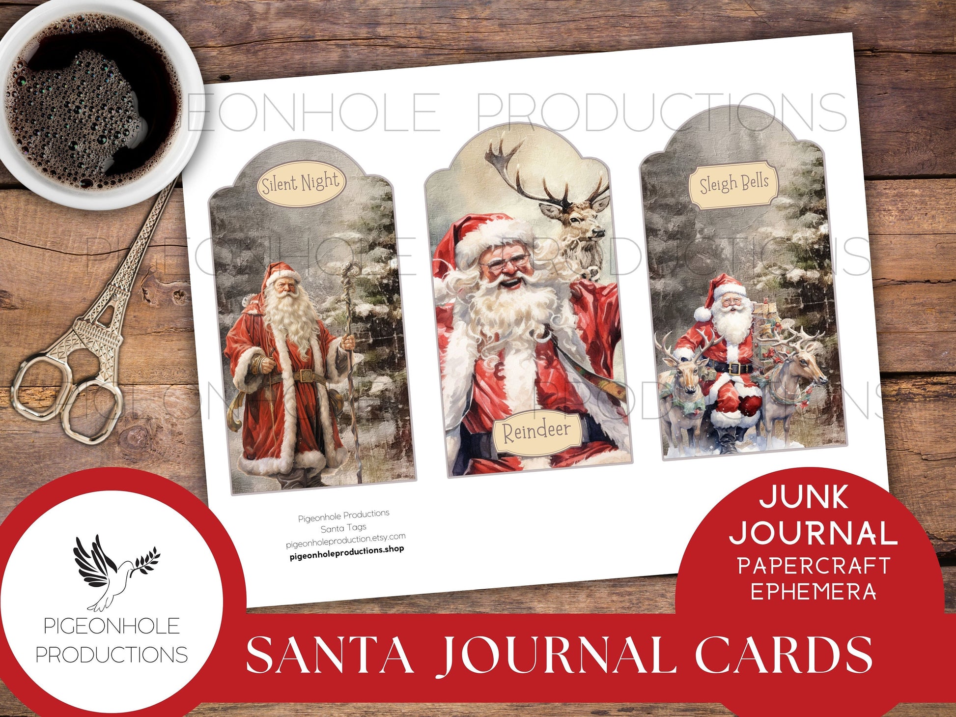 Santa Christmas Junk Journal Cards & Gift Tags, PRINTABLE, 30 journal cards, papercraft ephemera, print reduced size for gift tags