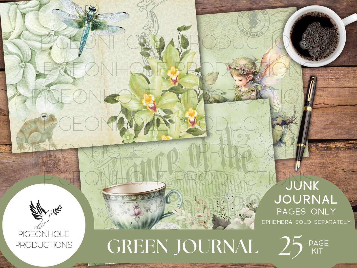 Green Junk Journal Pages, PRINTABLE, 25 decorative, background, backing and lined journal sheets in green, emerald & olive, for papercrafts