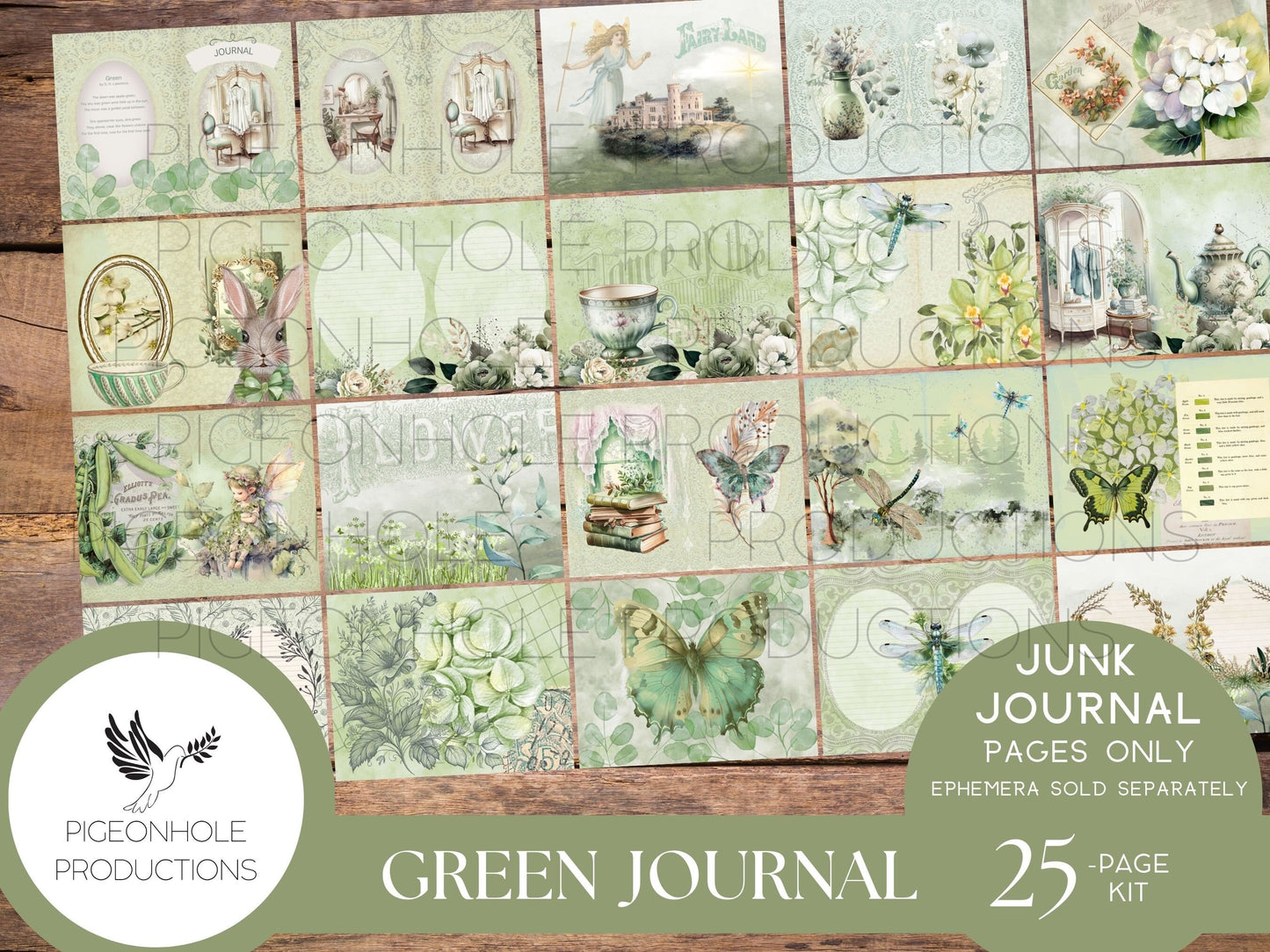 Green Junk Journal Pages, PRINTABLE, 25 decorative, background, backing and lined journal sheets in green, emerald & olive, for papercrafts