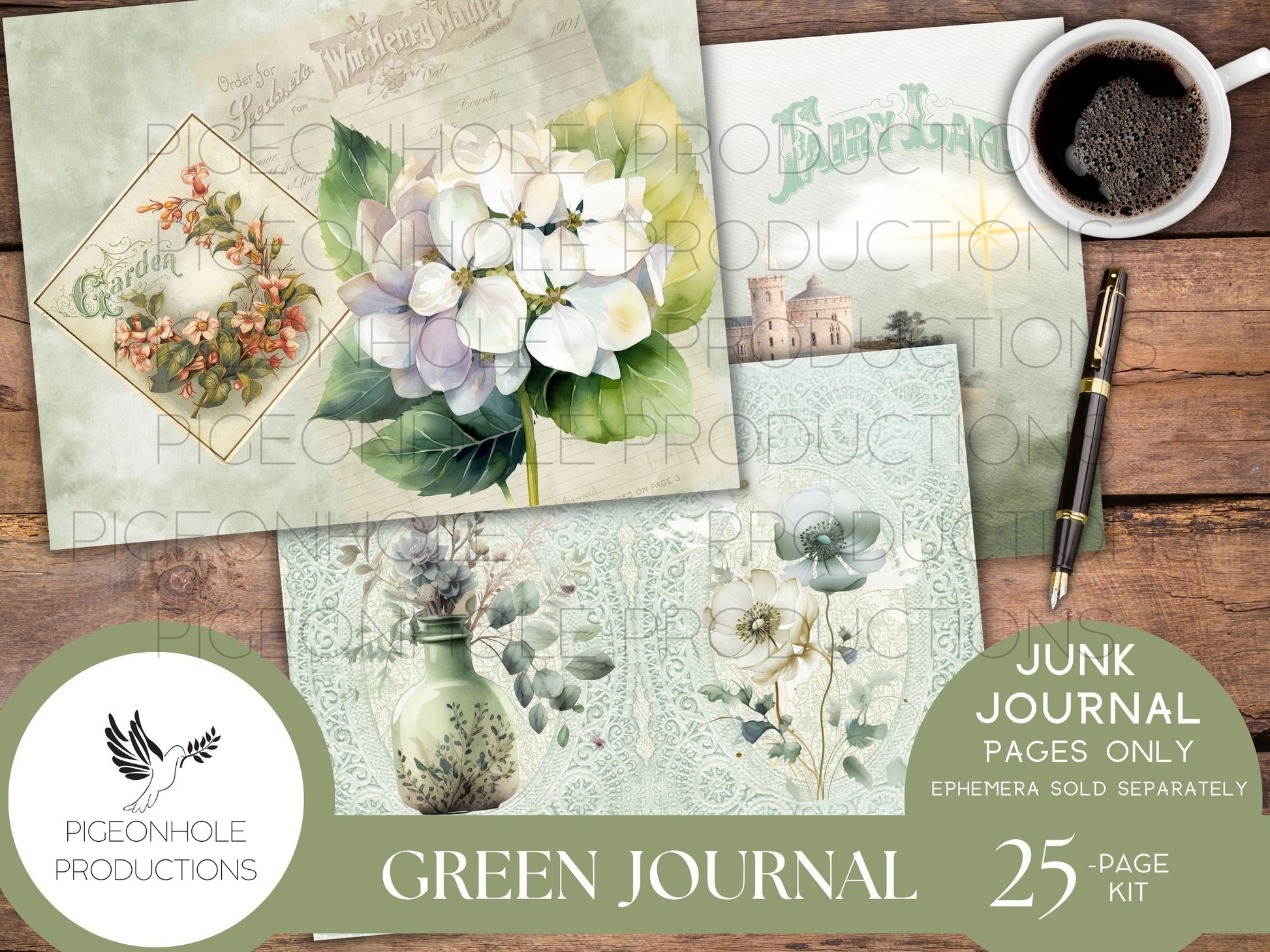 Green Junk Journal Pages, PRINTABLE, 25 decorative, background, backing and lined journal sheets in green, emerald & olive, for papercrafts