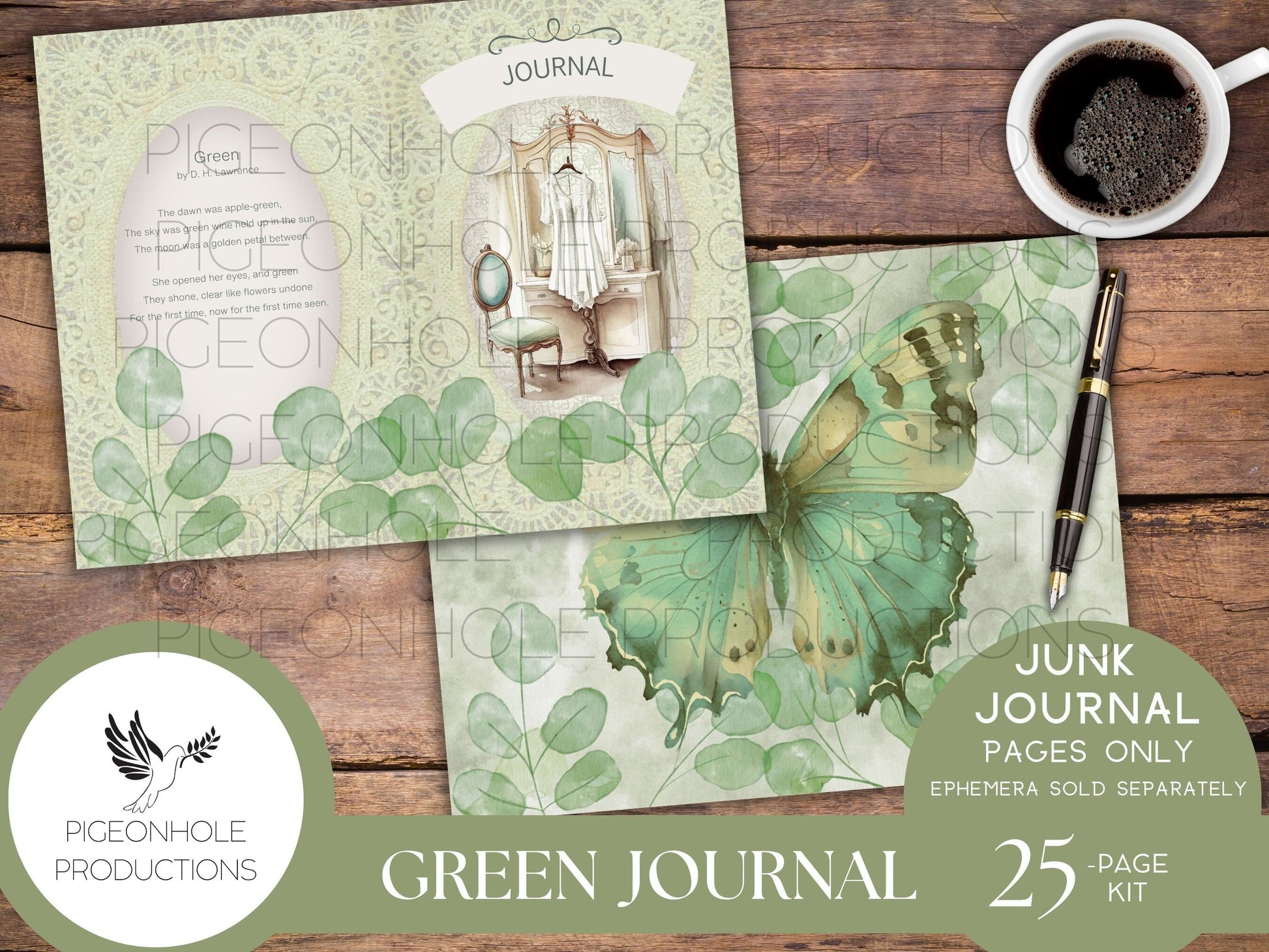 Green Junk Journal Pages, PRINTABLE, 25 decorative, background, backing and lined journal sheets in green, emerald & olive, for papercrafts