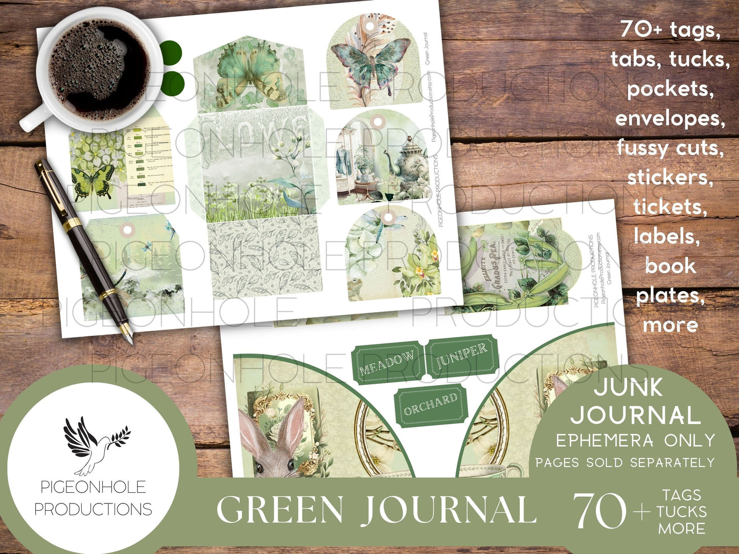 Green Junk Journal EPHEMERA, PRINTABLE, 70+ tags, tucks, pockets, envelopes, fussy cuts, stickers, tickets, labels, bookplates, SHABBY