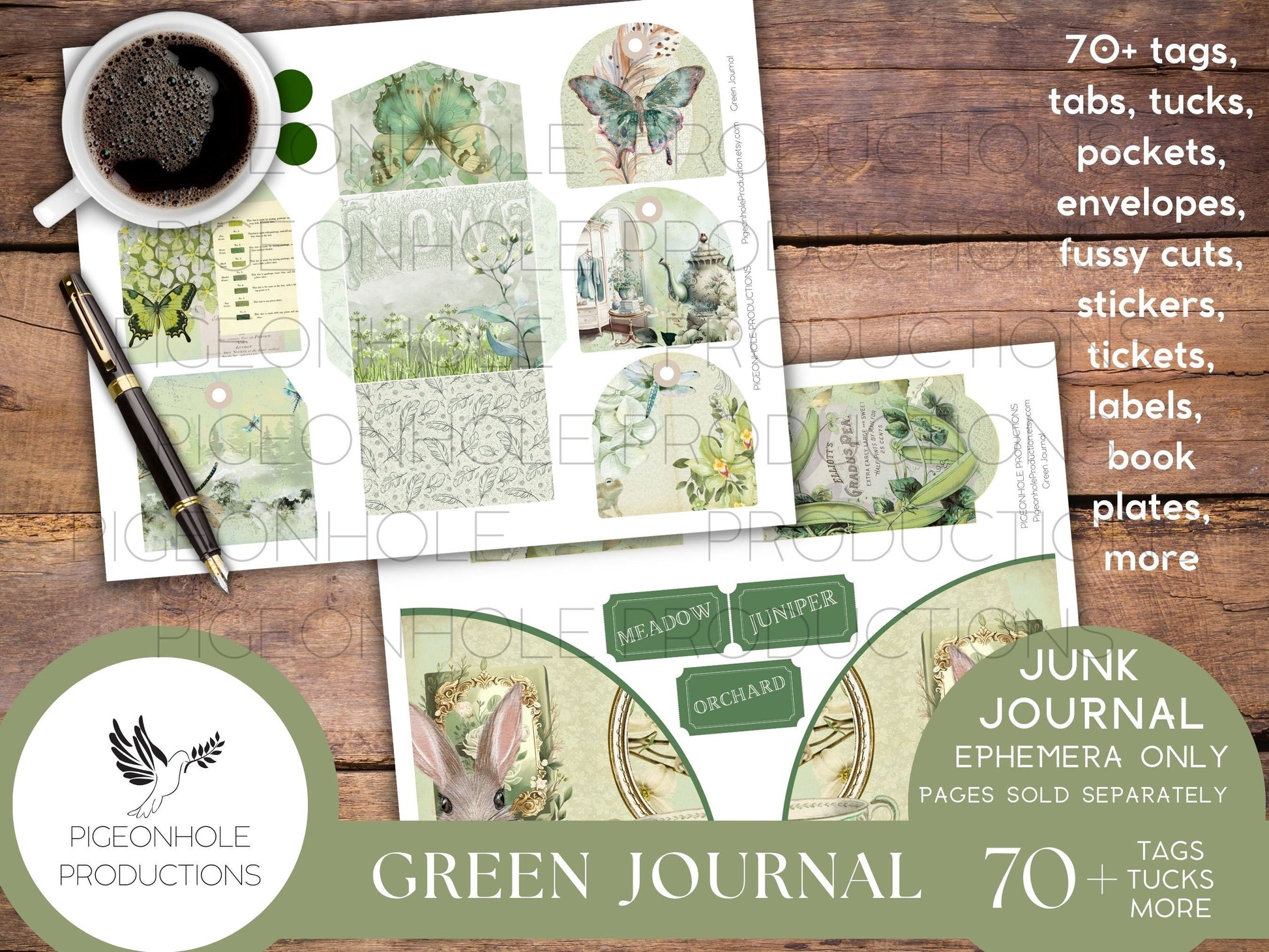 Green Junk Journal EPHEMERA, PRINTABLE, 70+ tags, tucks, pockets, envelopes, fussy cuts, stickers, tickets, labels, bookplates, SHABBY