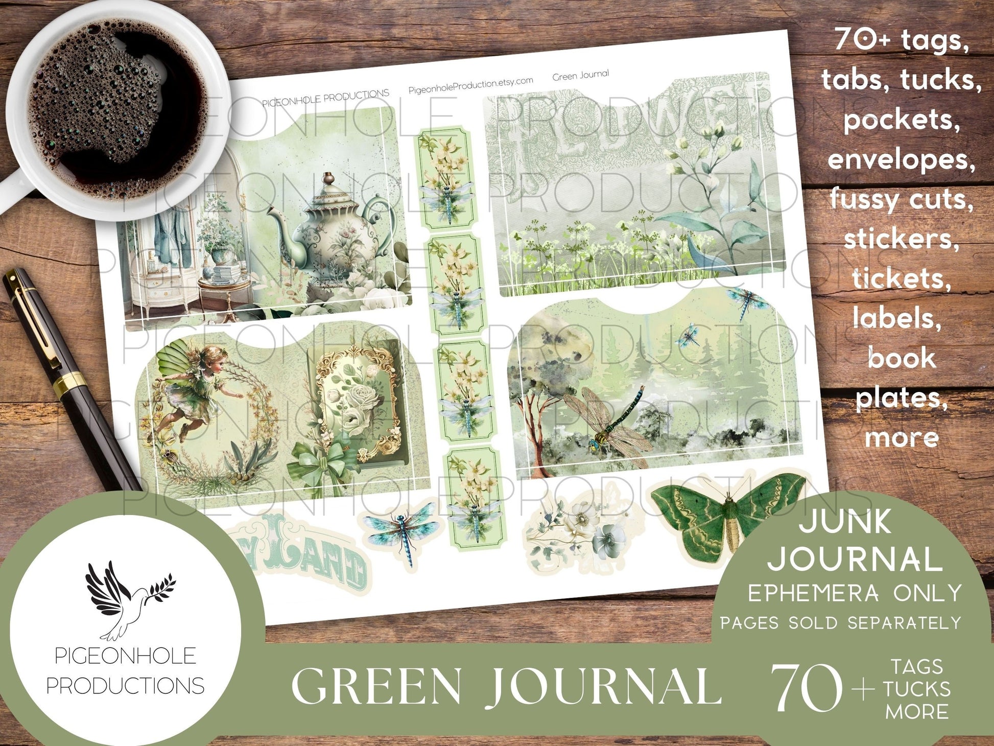 Green Junk Journal EPHEMERA, PRINTABLE, 70+ tags, tucks, pockets, envelopes, fussy cuts, stickers, tickets, labels, bookplates, SHABBY