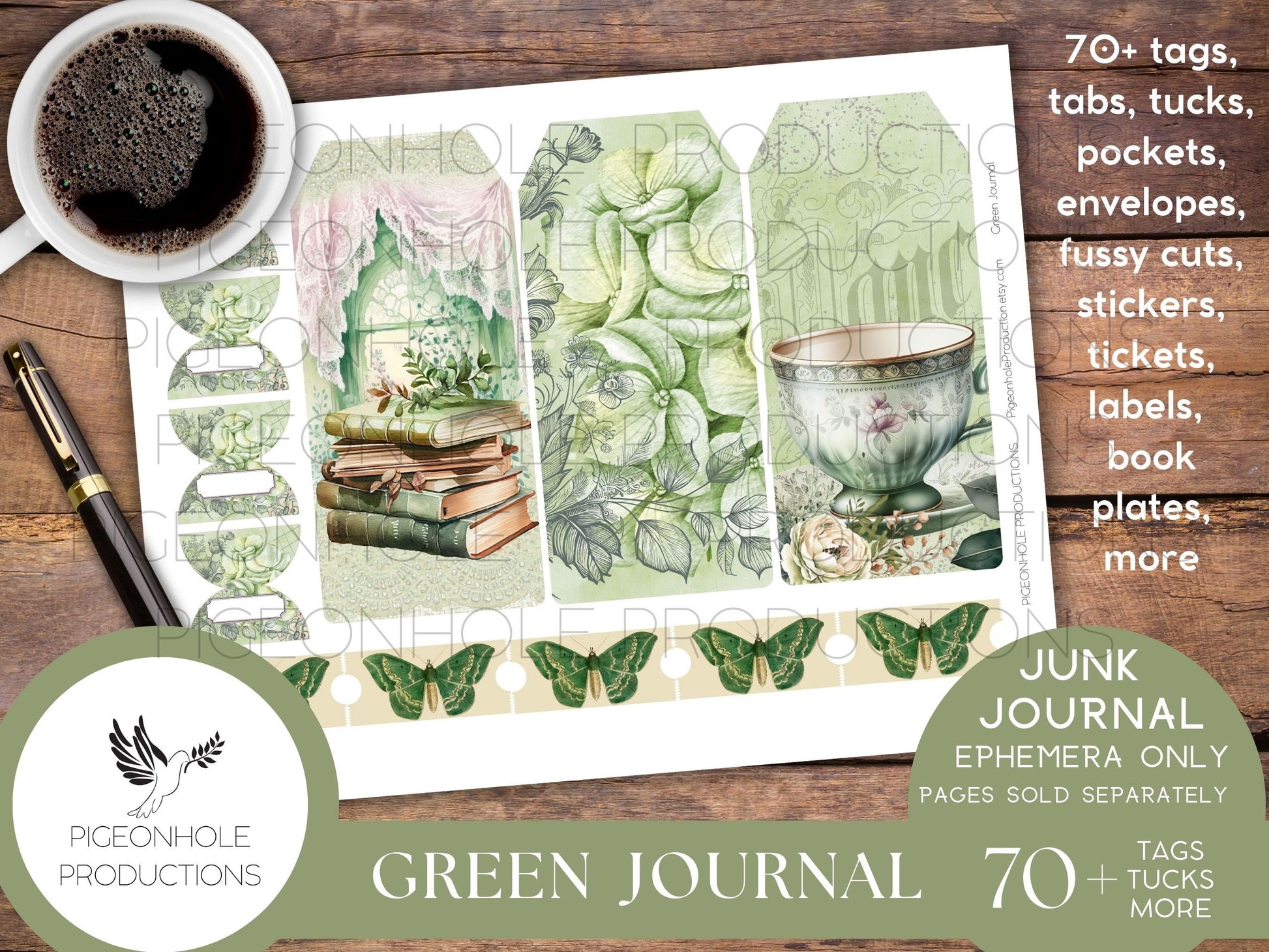 Green Junk Journal EPHEMERA, PRINTABLE, 70+ tags, tucks, pockets, envelopes, fussy cuts, stickers, tickets, labels, bookplates, SHABBY