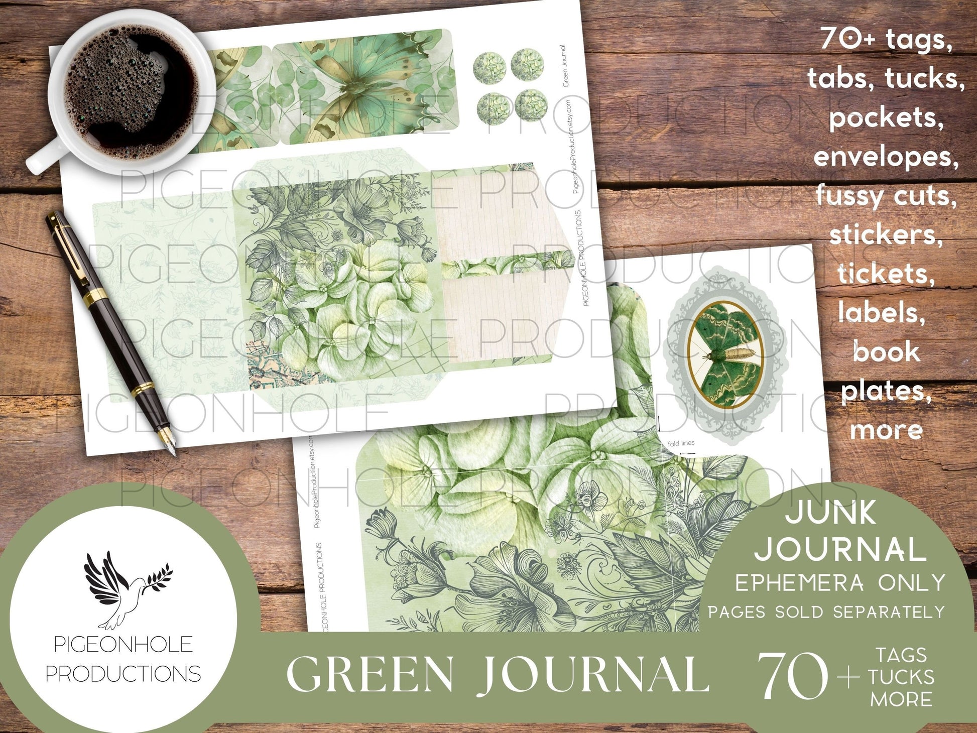 Green Junk Journal EPHEMERA, PRINTABLE, 70+ tags, tucks, pockets, envelopes, fussy cuts, stickers, tickets, labels, bookplates, SHABBY